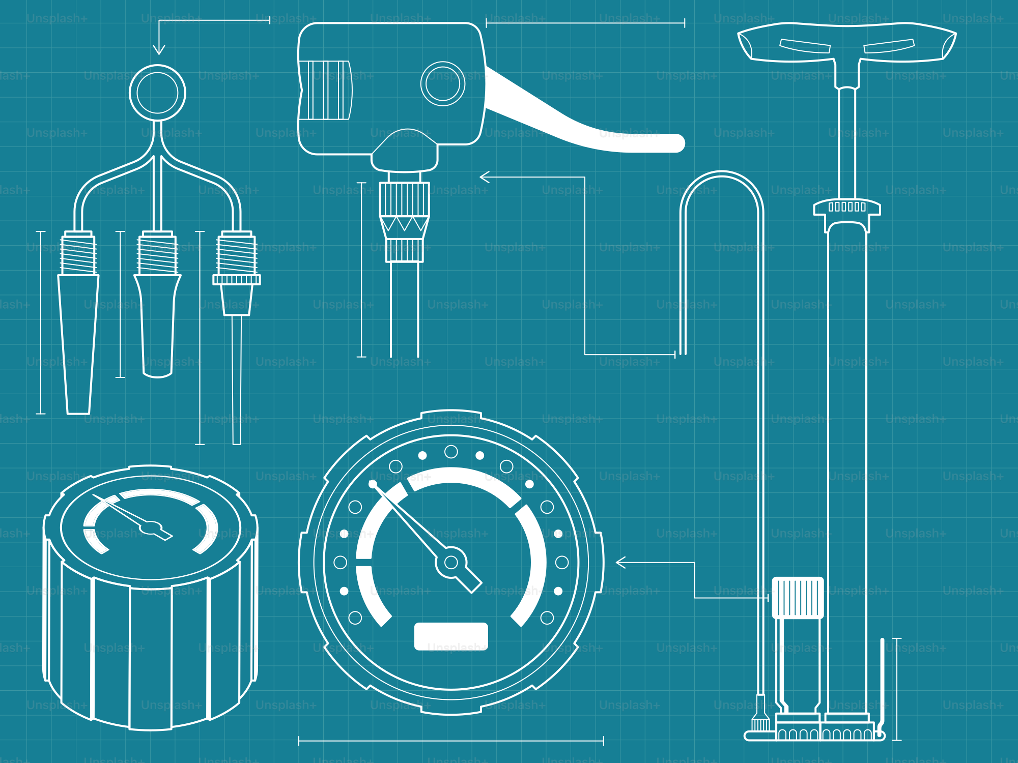 Blueprint of bicycle pump and pressure gauge