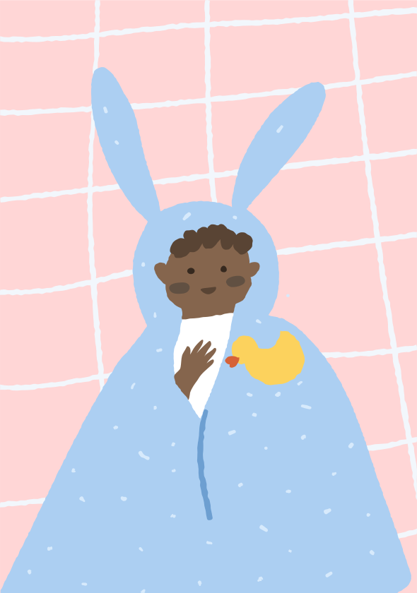 Un enfant déguisé en lapin bleu avec un canard.