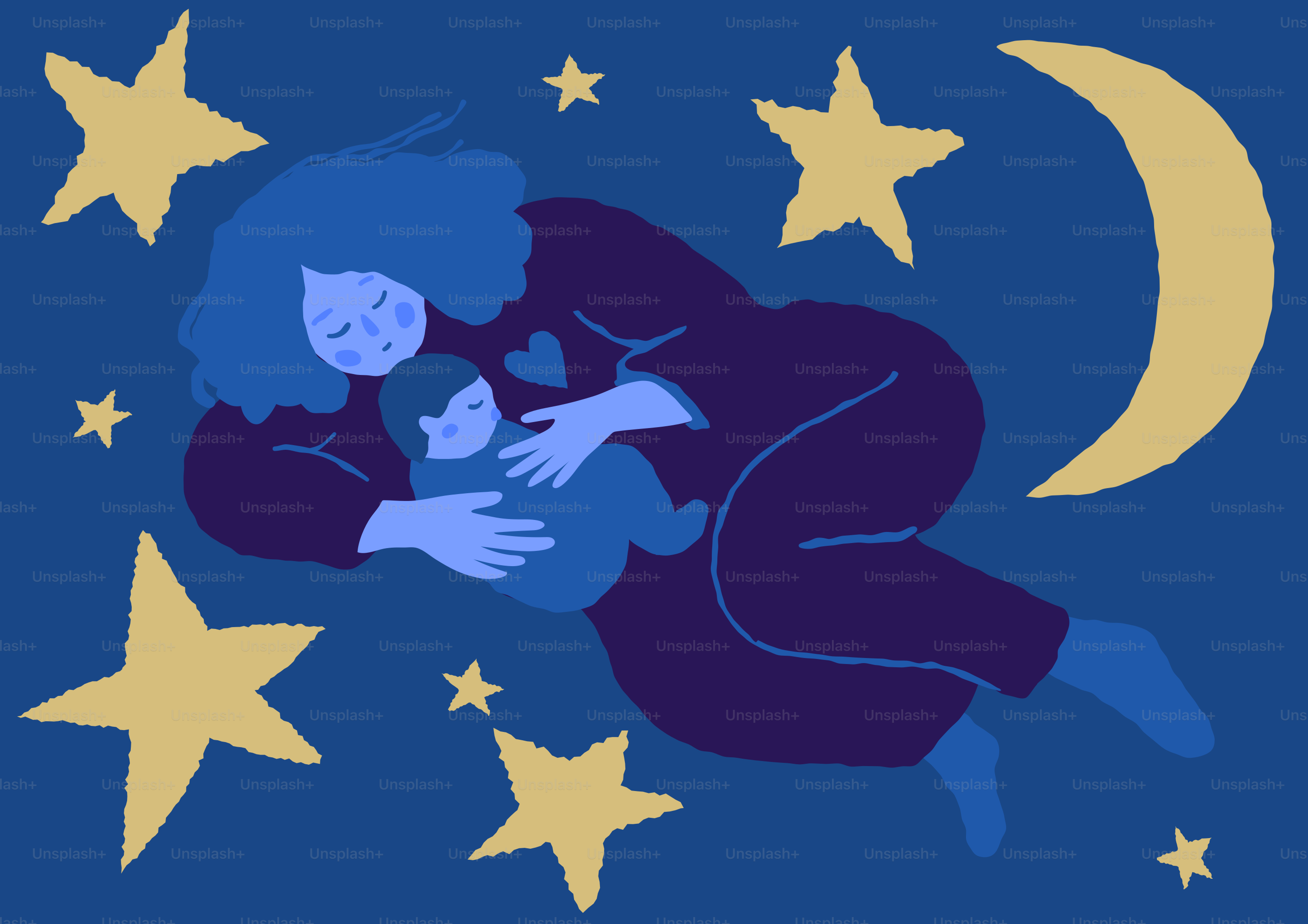 Mère tenant le bébé entourée d’étoiles et de lune