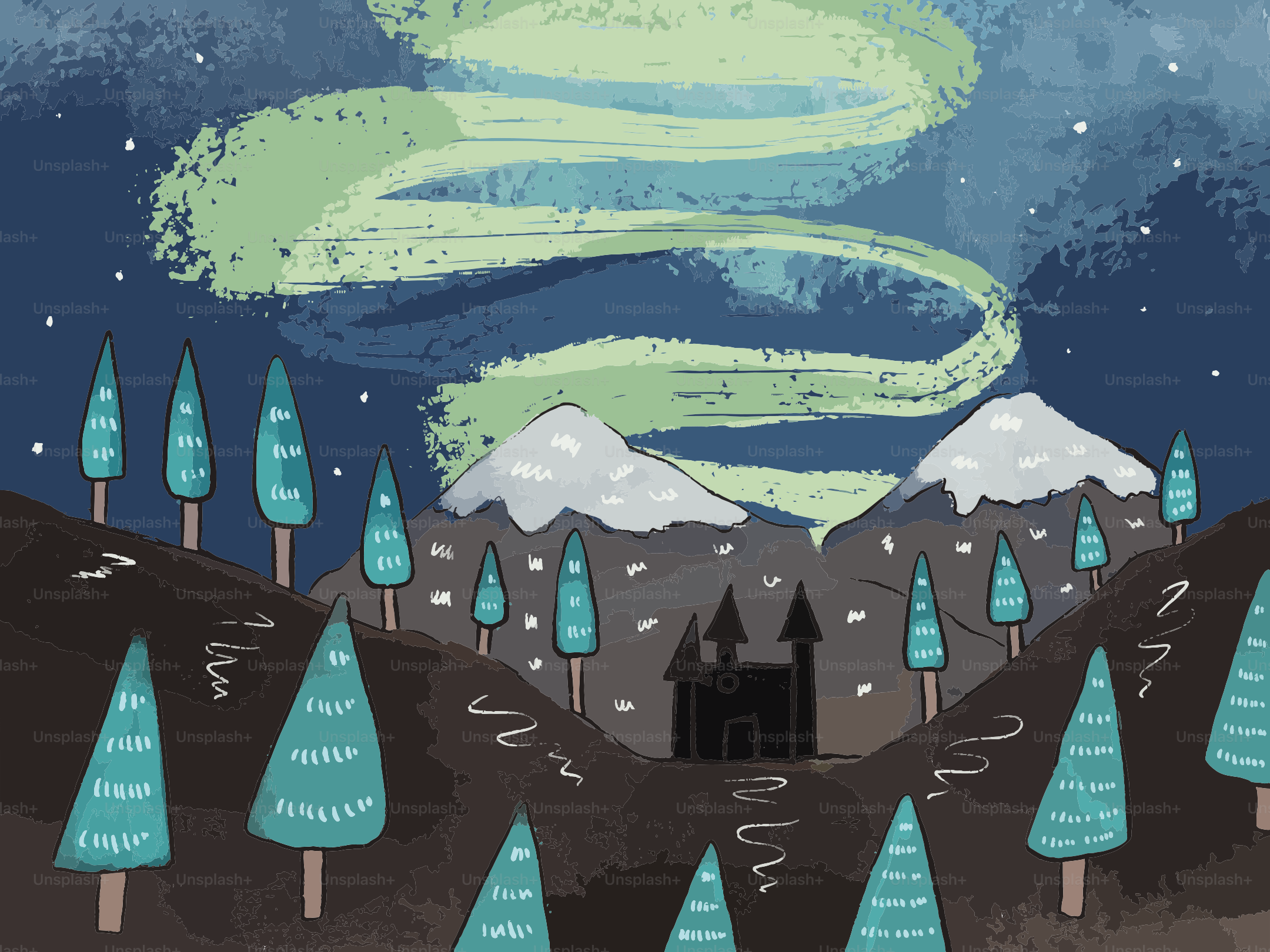 Green aurora borealis over snowy mountains and dark forest.