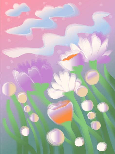 Pastel flowers bloom under a soft, cloudy sky