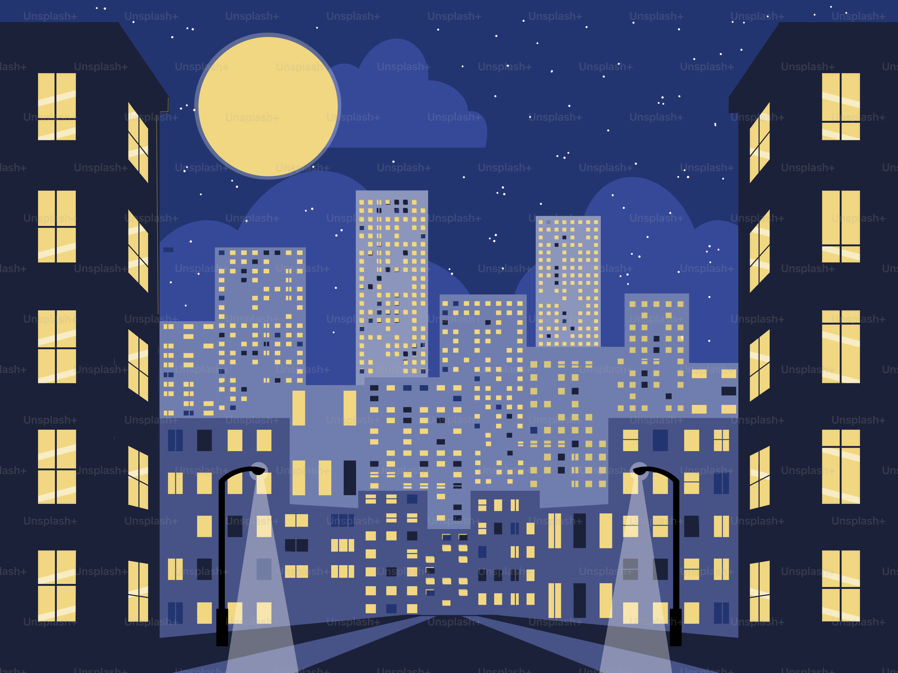 Cityscape at night with a full moon and lit windows.