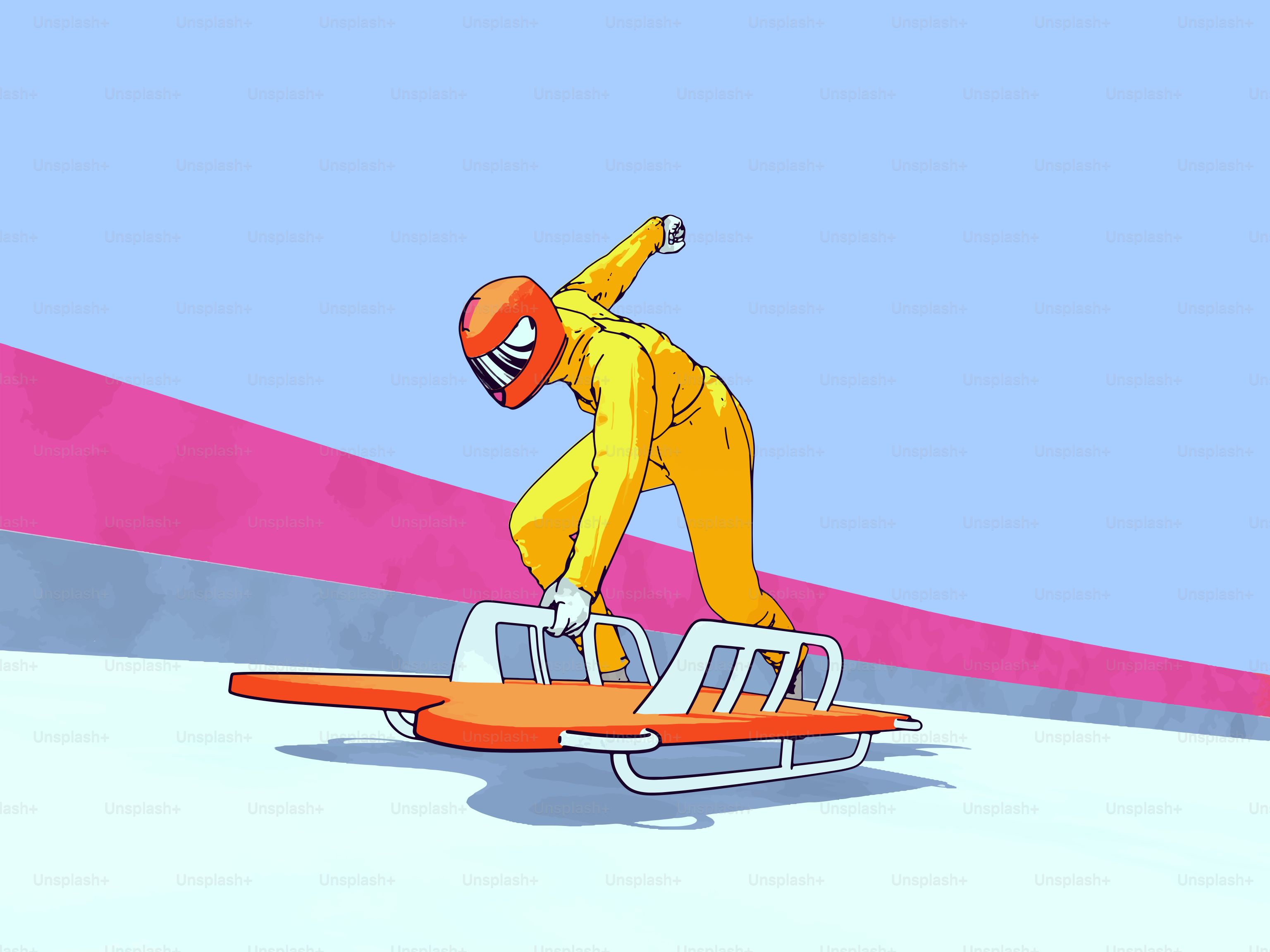 Person in yellow suit on a sled