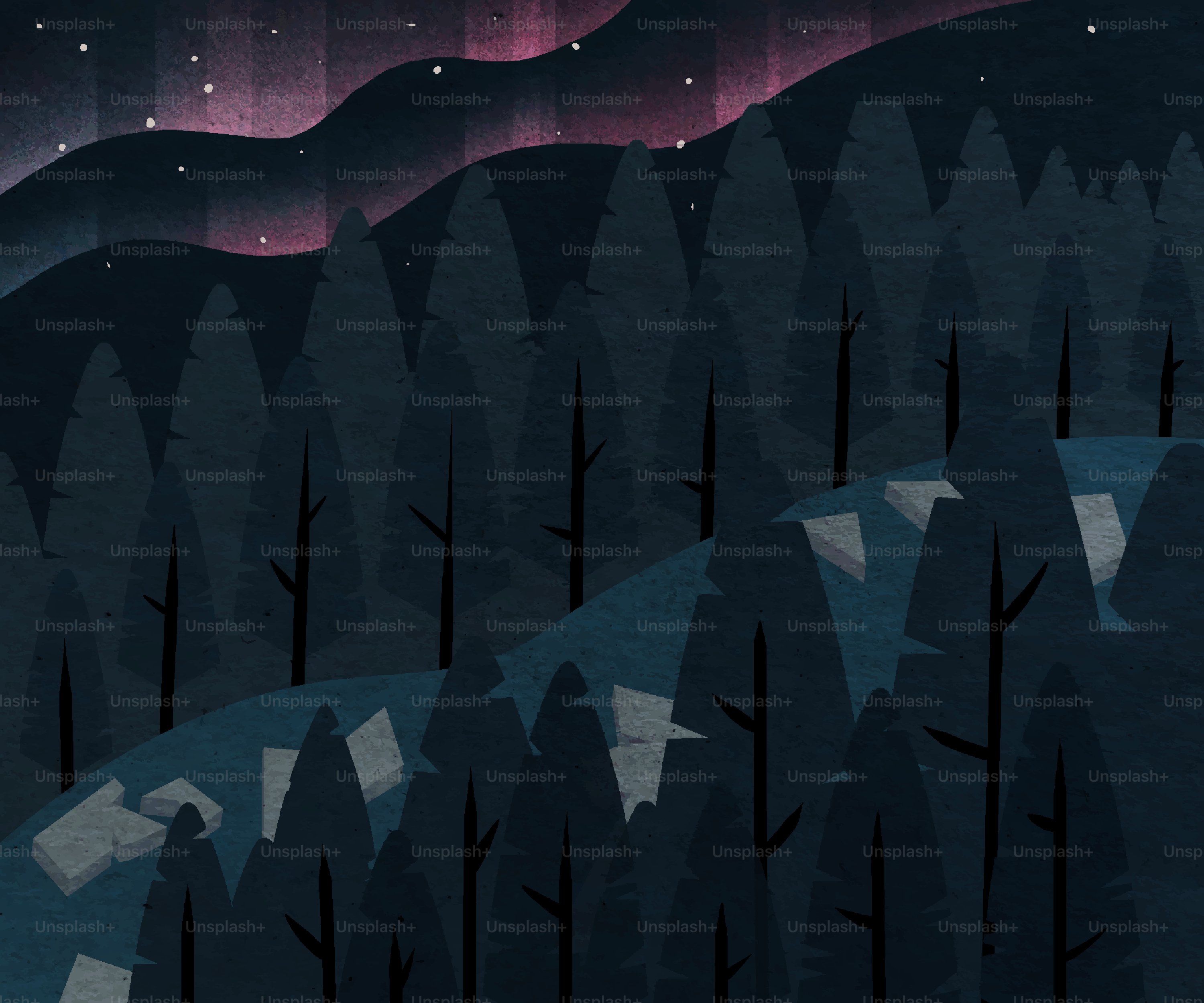 Dark forest under a starry sky with aurora borealis.