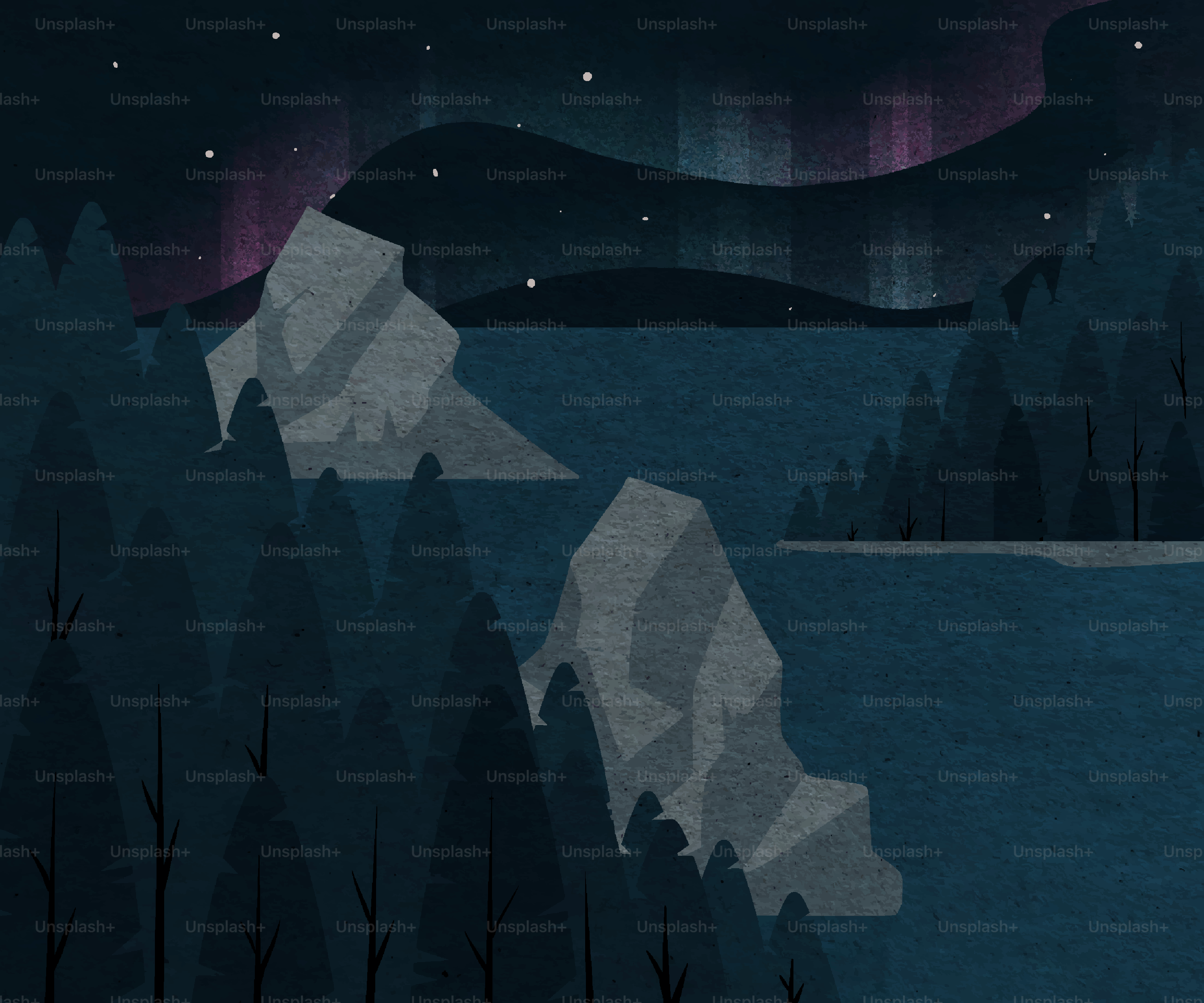 Northern lights over a dark, rocky coastline