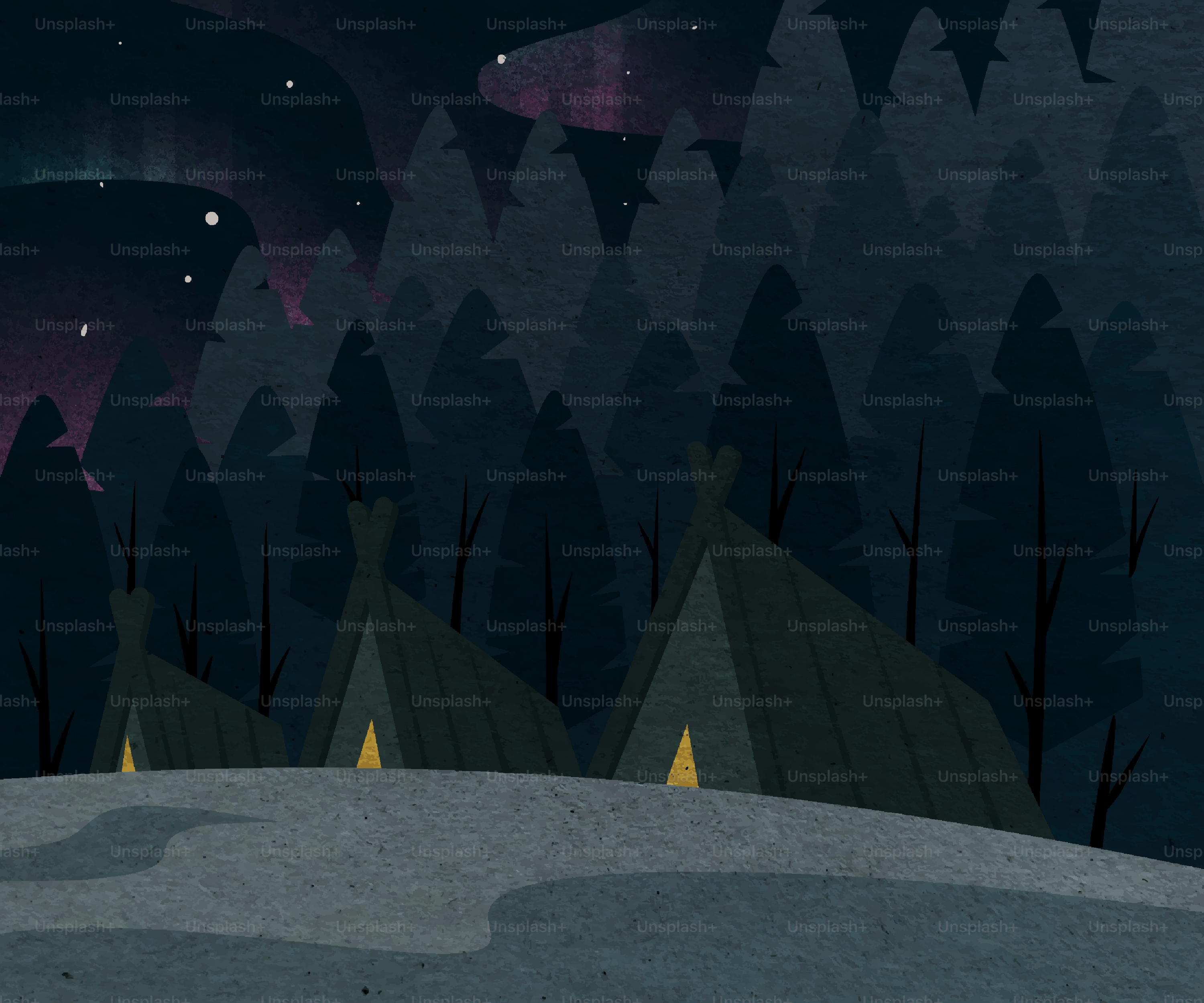 Tents in a forest under the aurora borealis