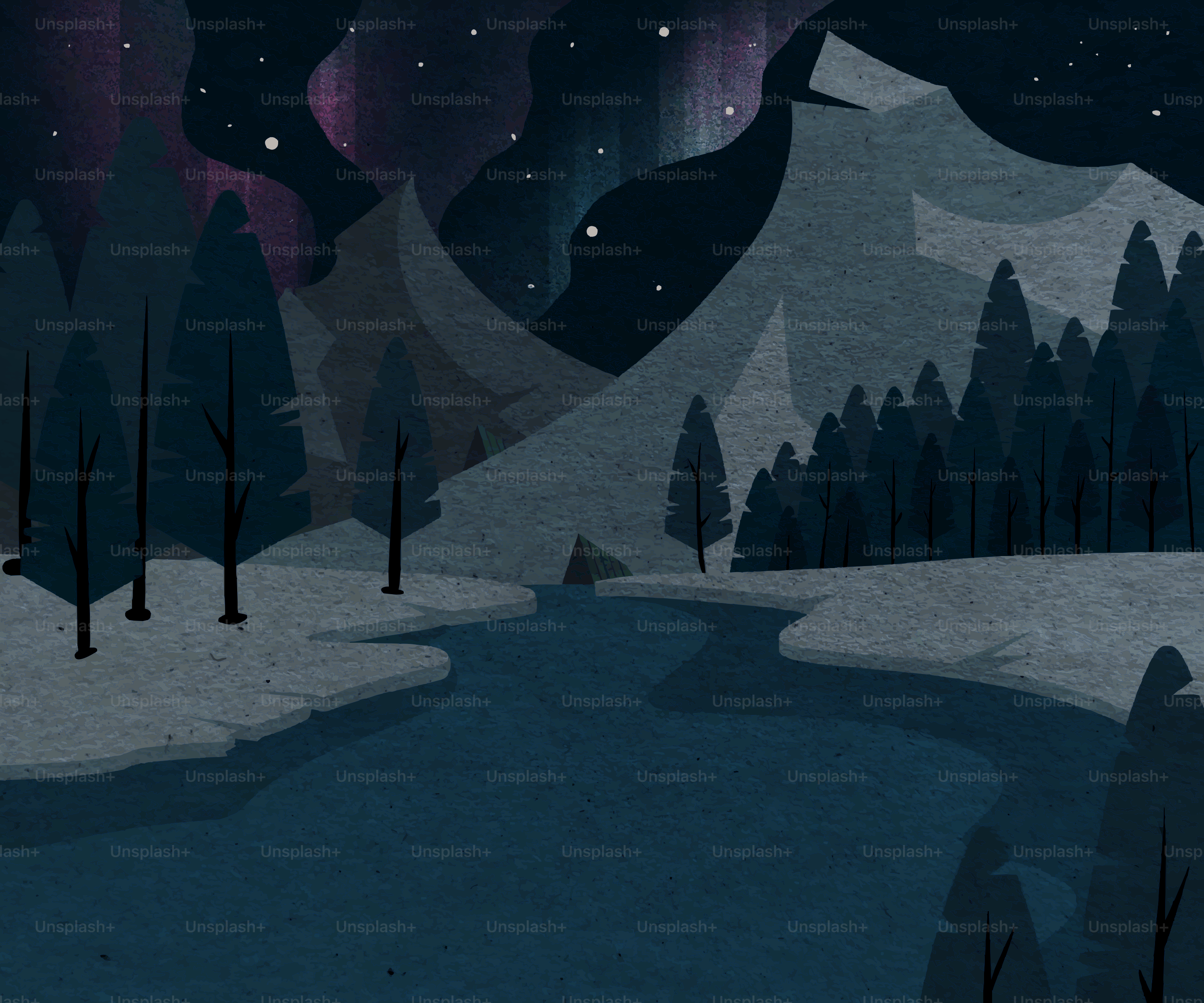 Snowy landscape with aurora borealis over mountains