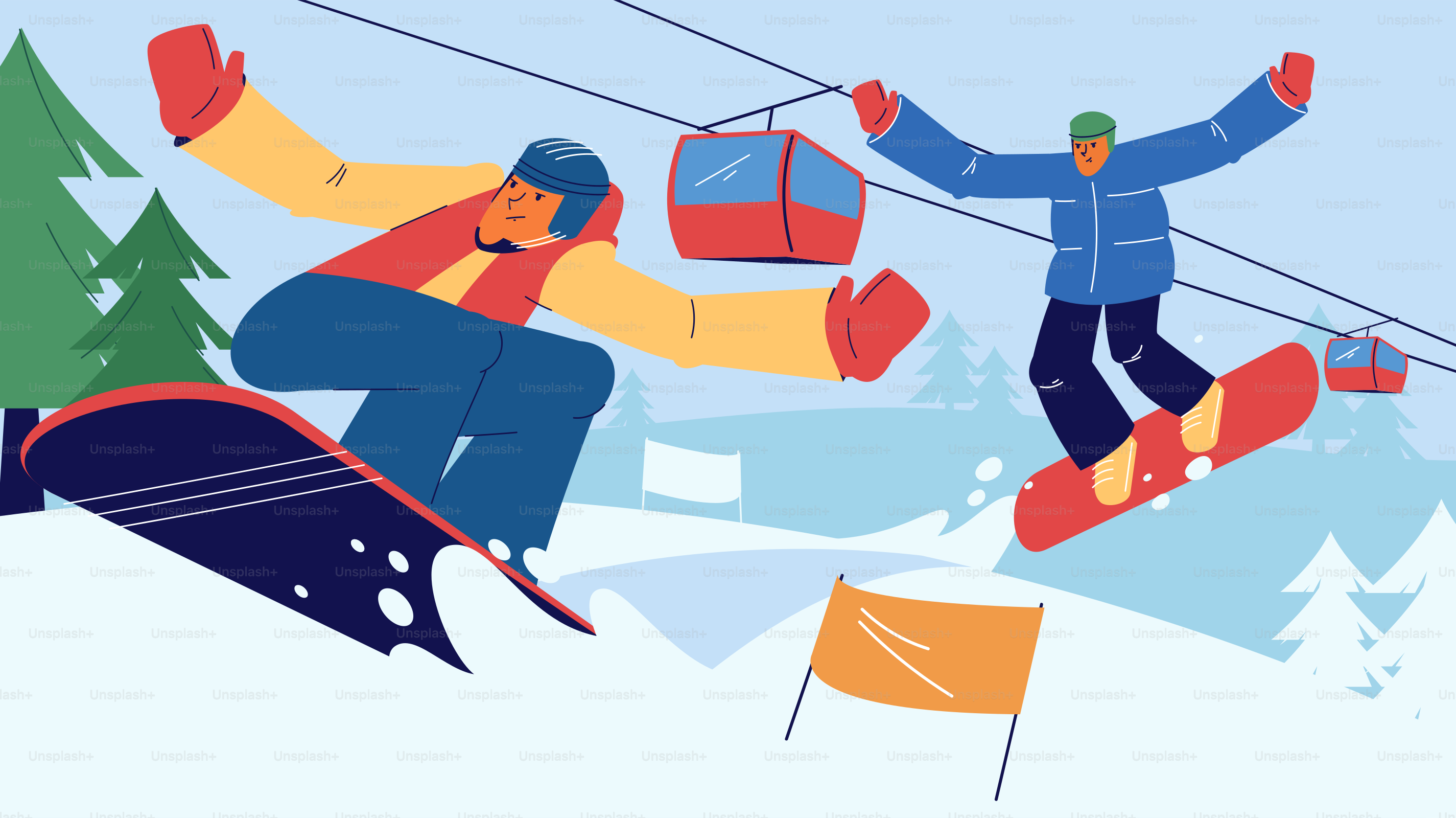 Two snowboarders riding down a snowy slope.