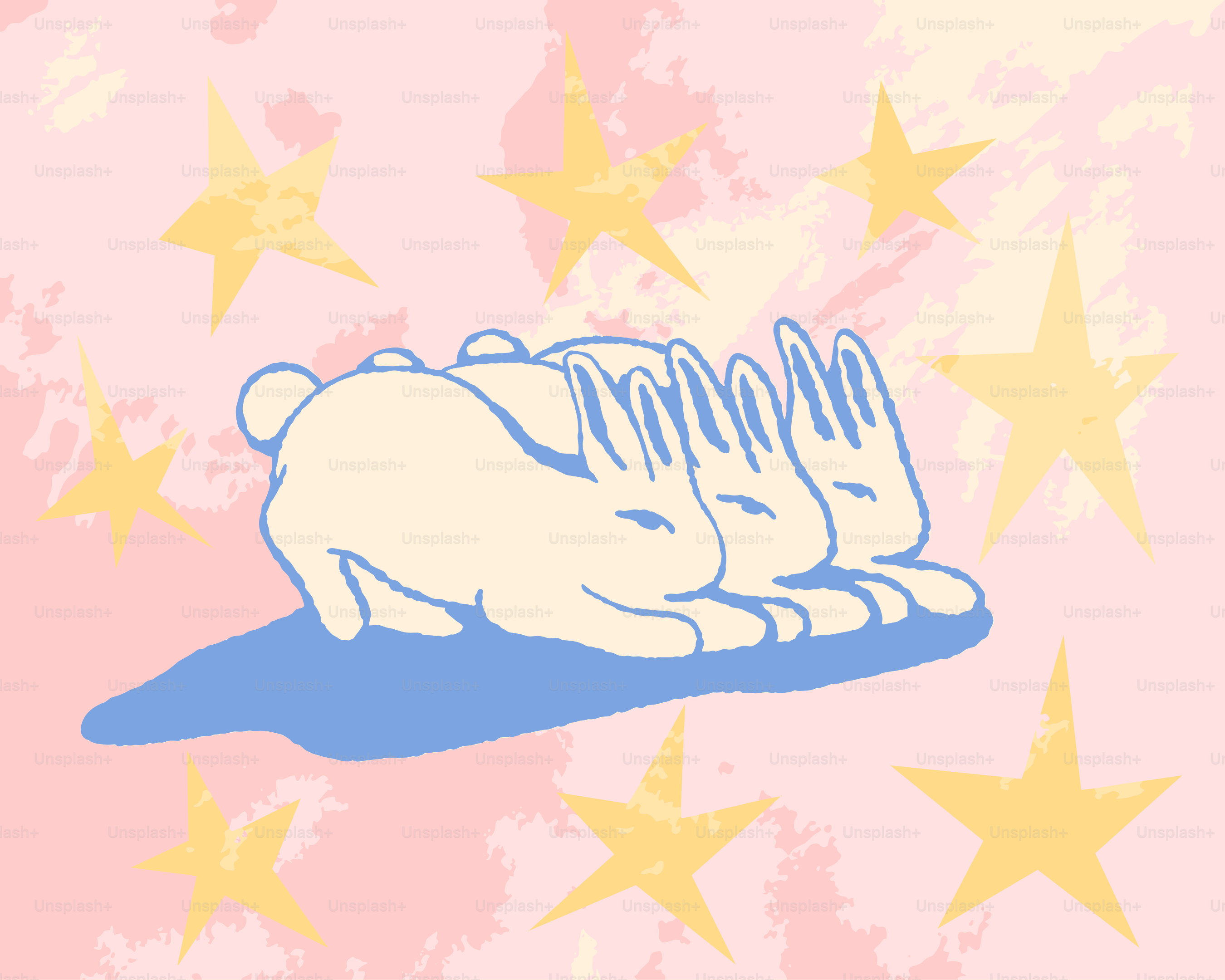 Three white bunnies sleeping on a pink background with stars.