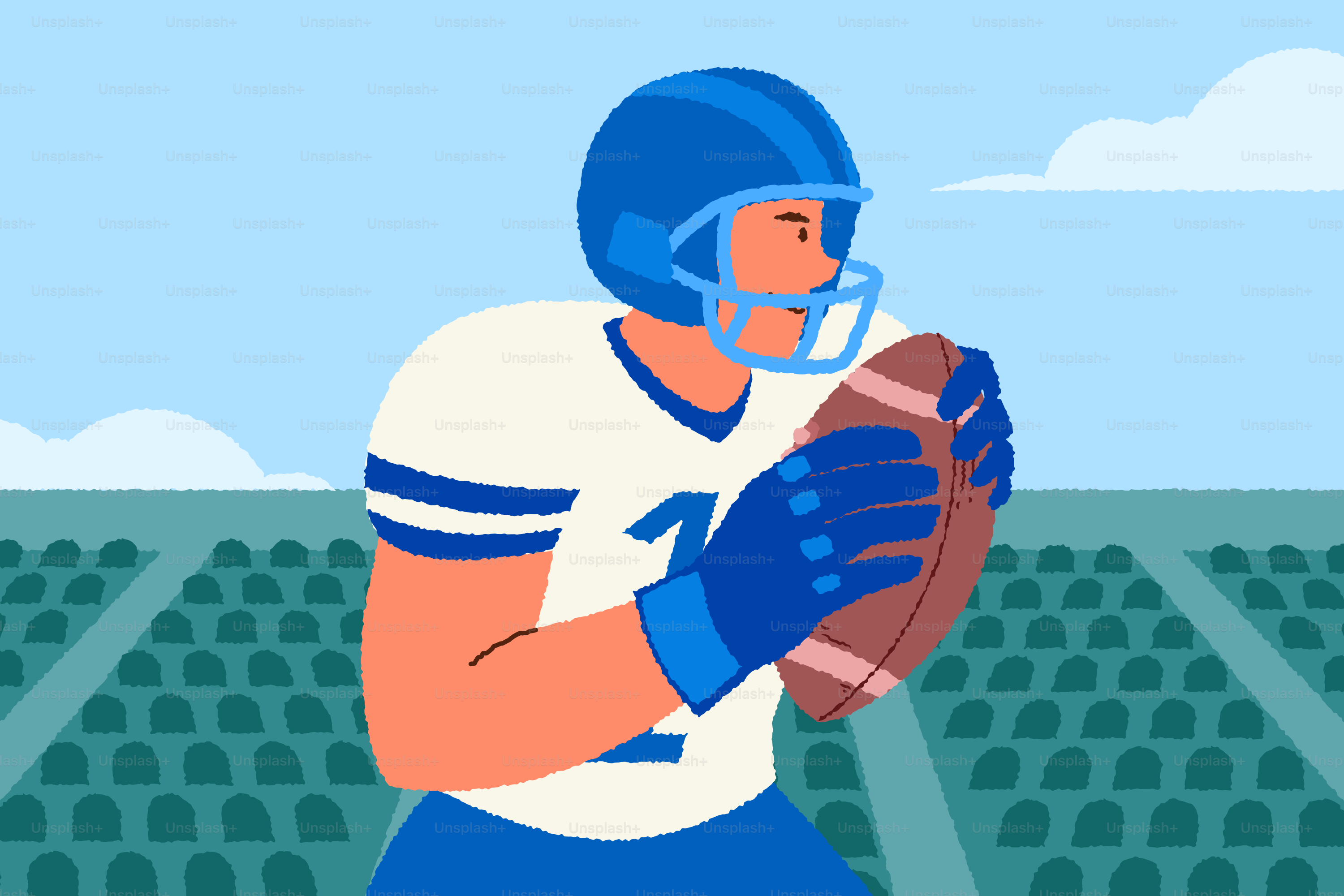 Jogador de futebol americano com uniforme azul segurando uma bola