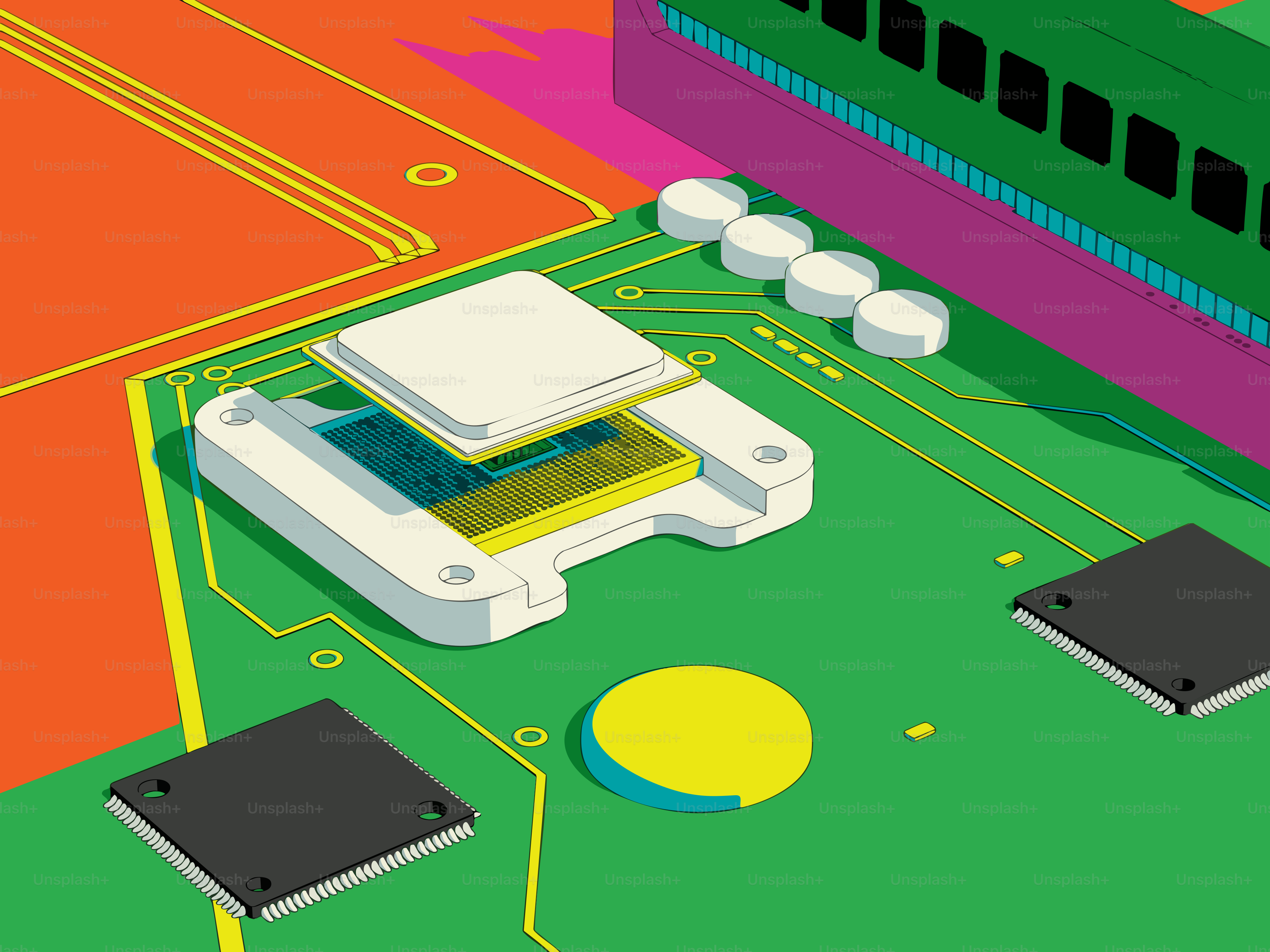Close-up of a computer chip being installed on circuit board. vector ...