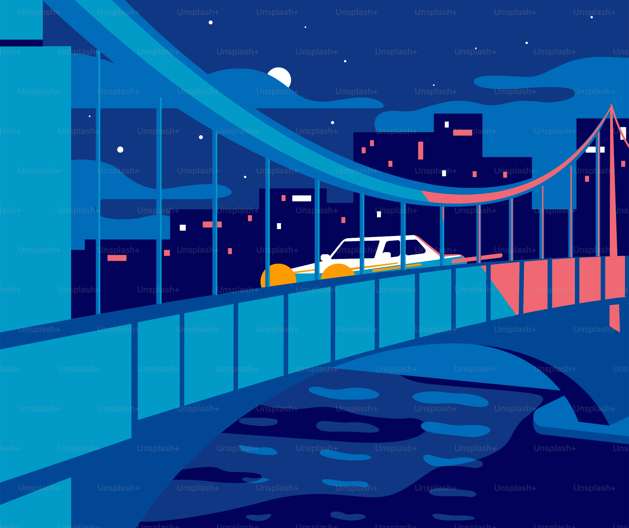 Une voiture traverse un pont la nuit.