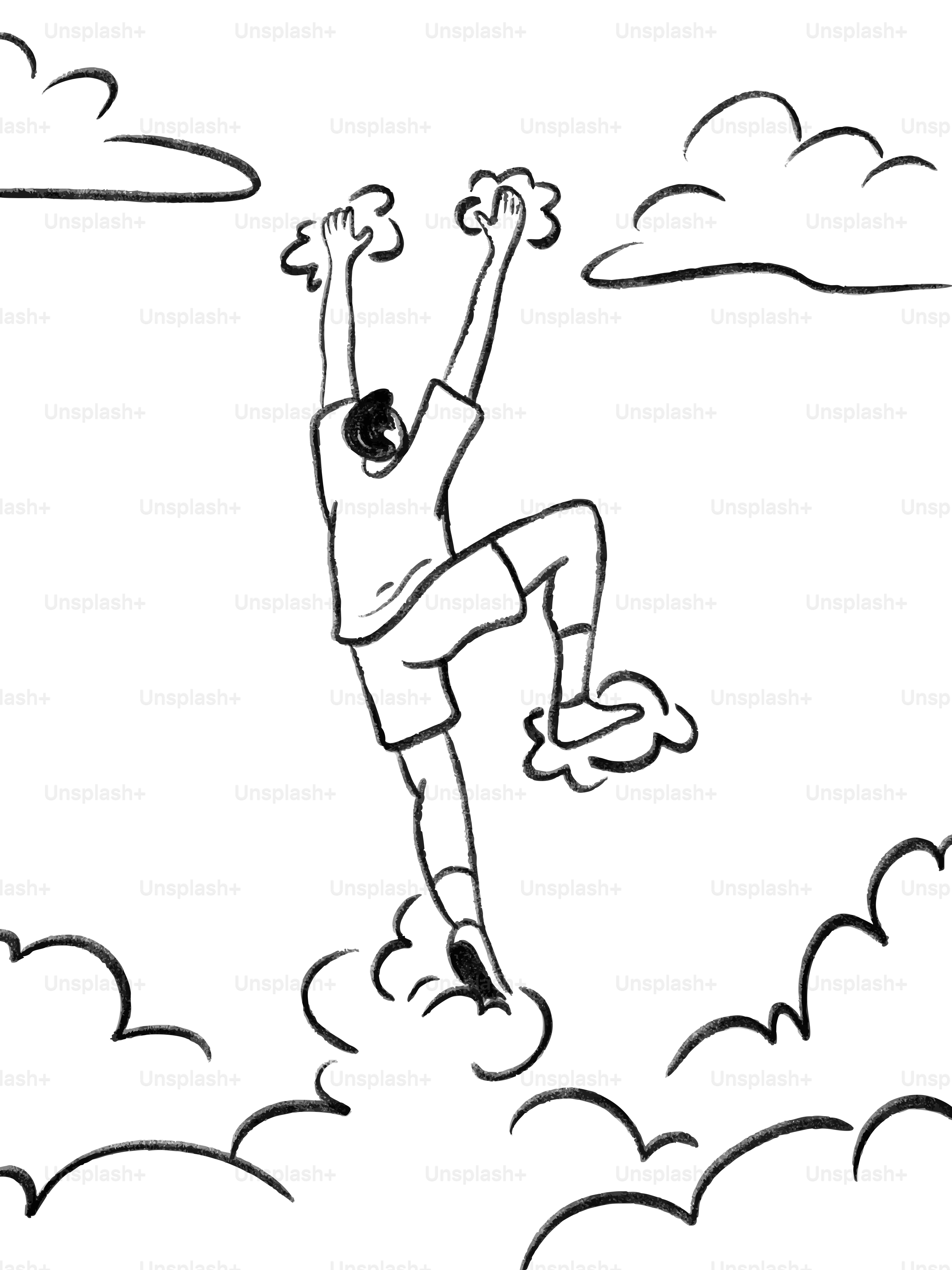 空の雲を登る男。