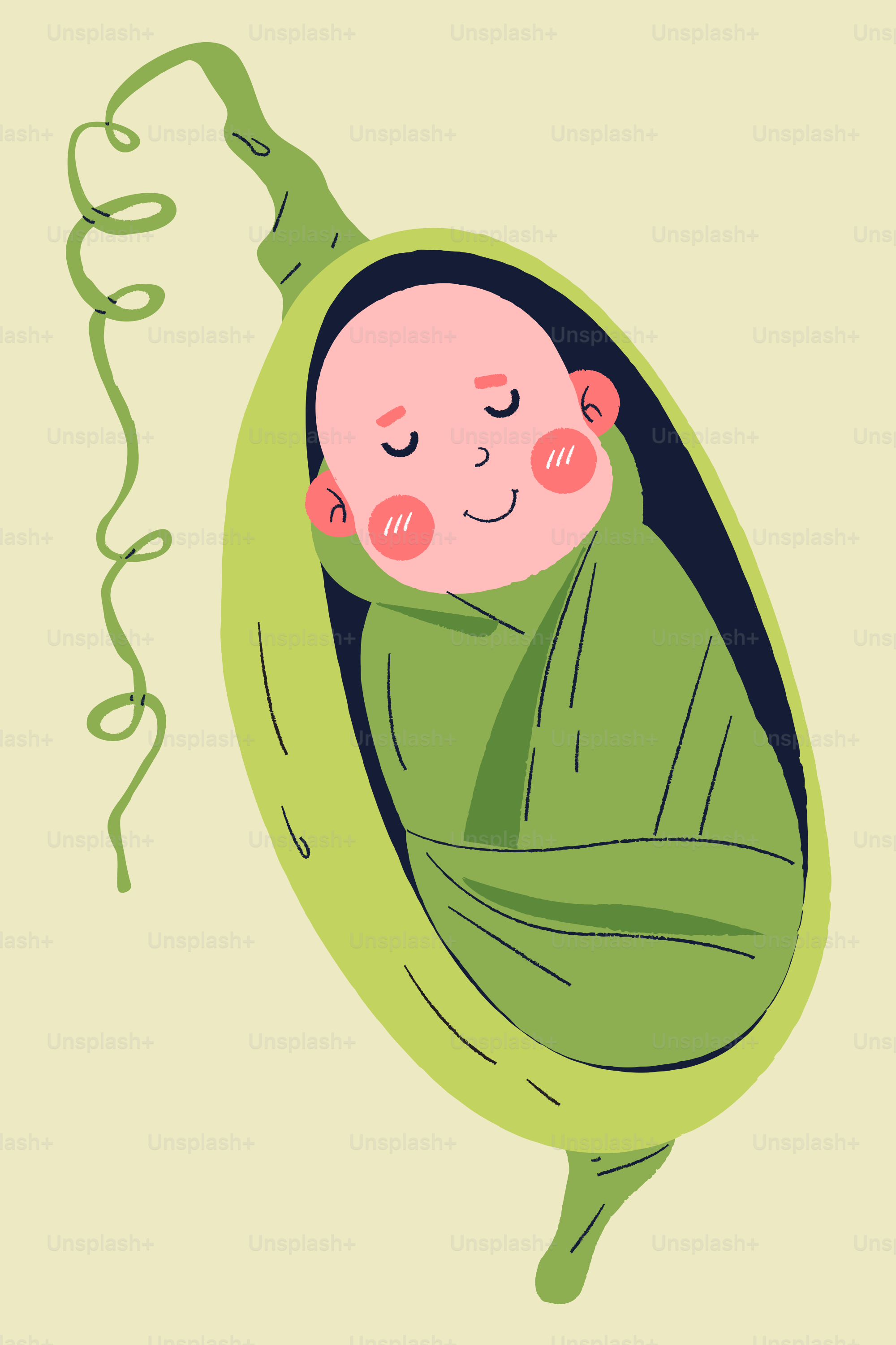 A baby sleeps peacefully wrapped in a green pea pod.