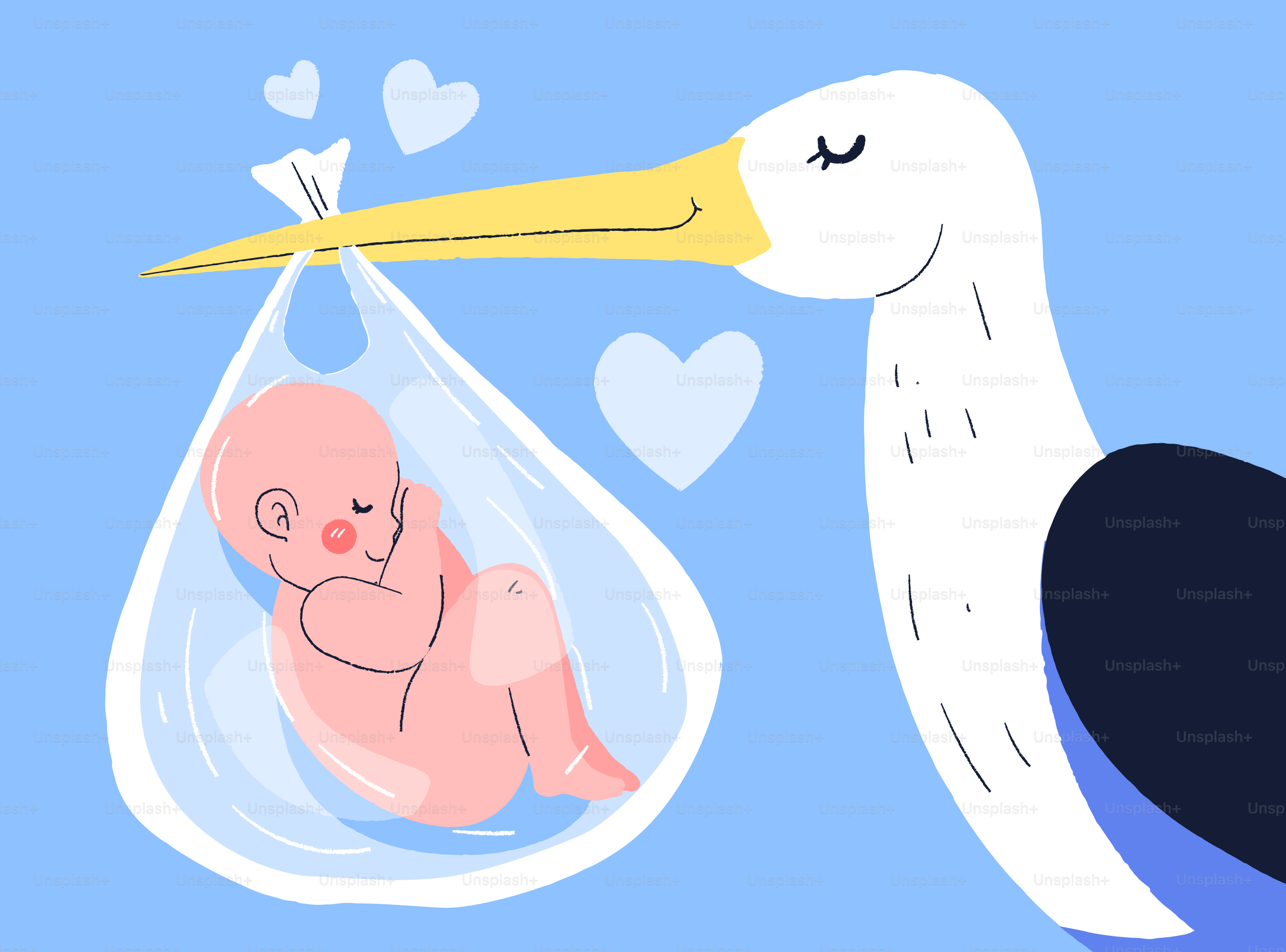 A stork carries a baby in a bundle.