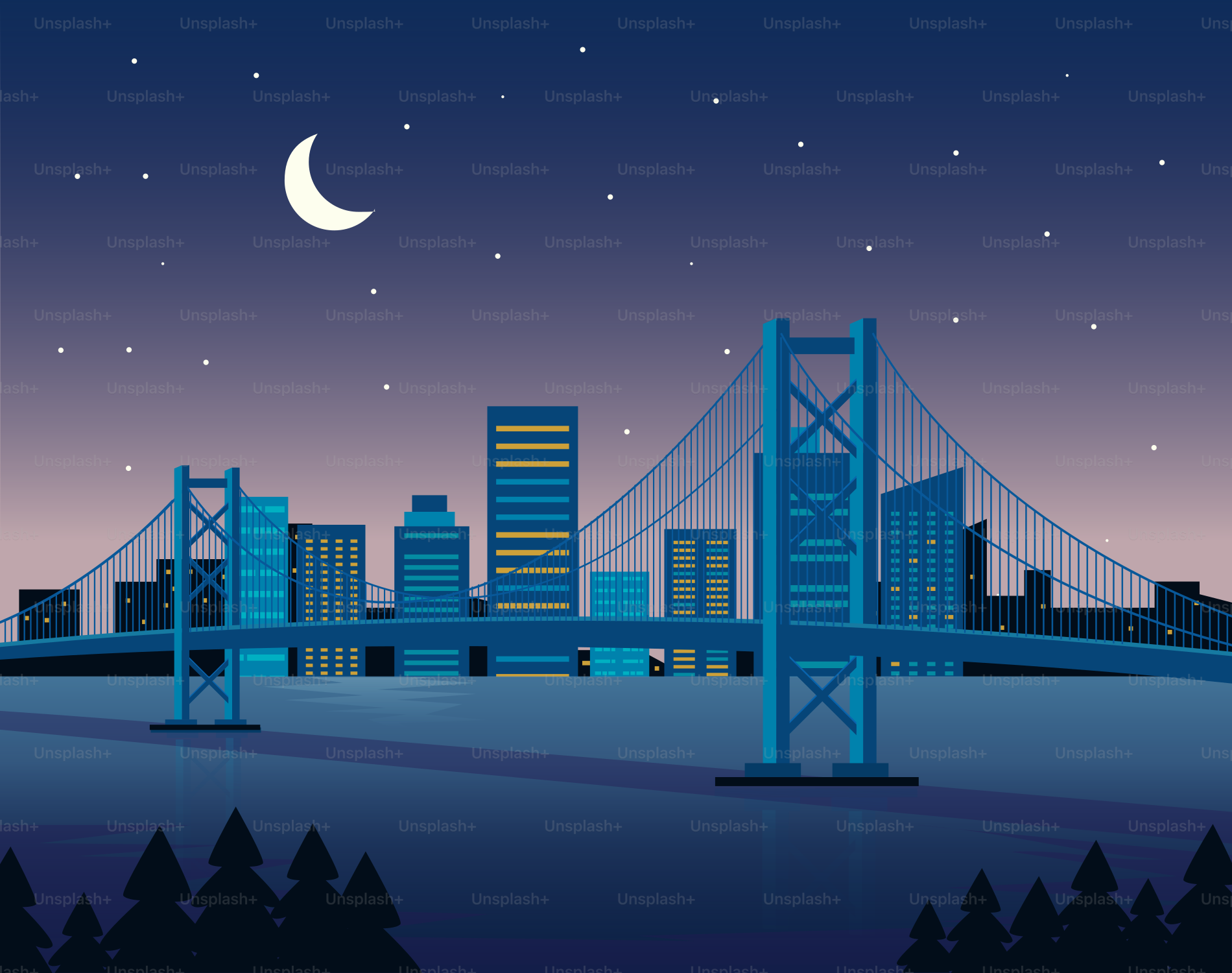 City skyline with bridge at night under crescent moon