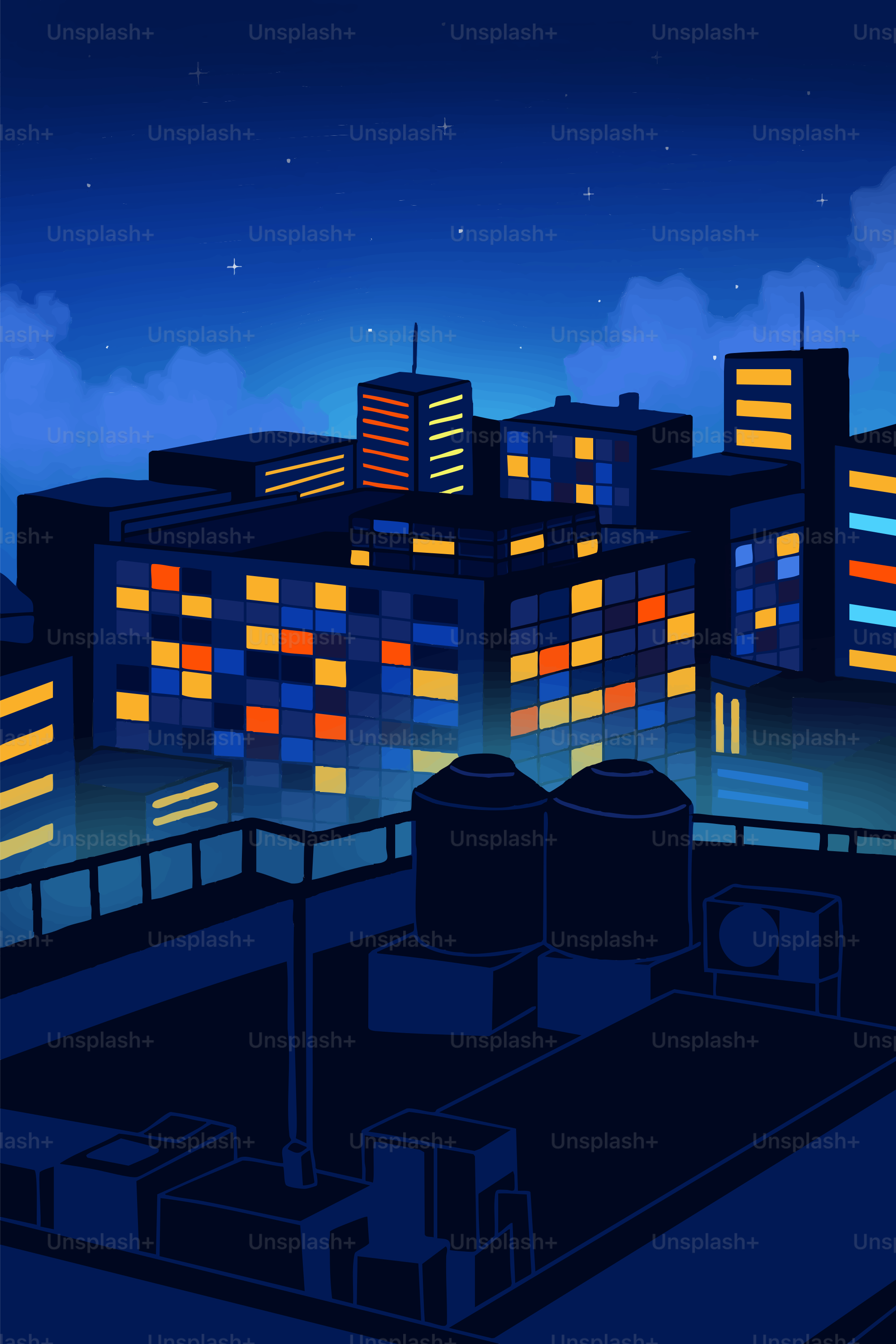 A vibrant cityscape at night with glowing windows.