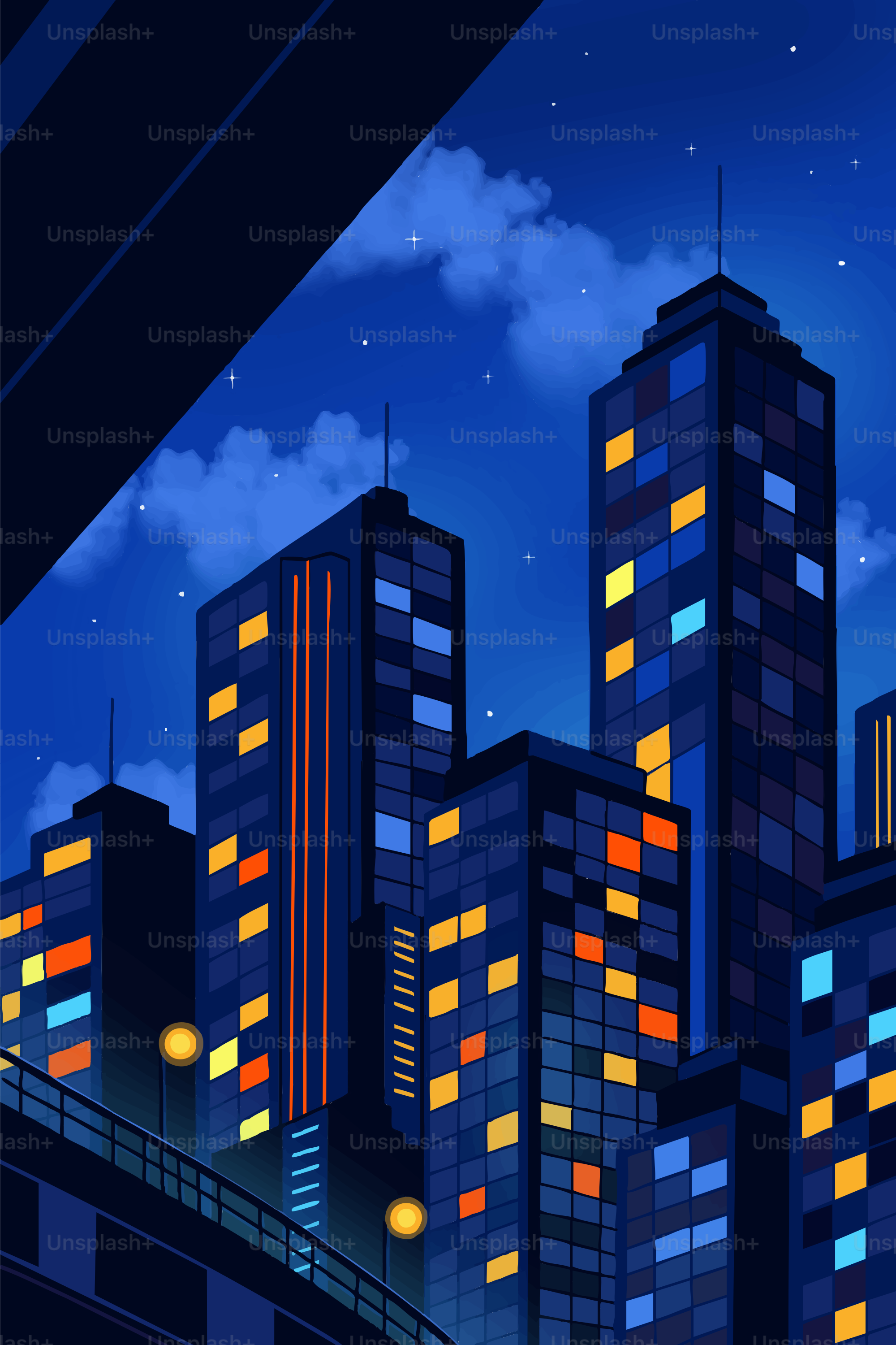 Skyscrapers illuminated at night under a starry sky.