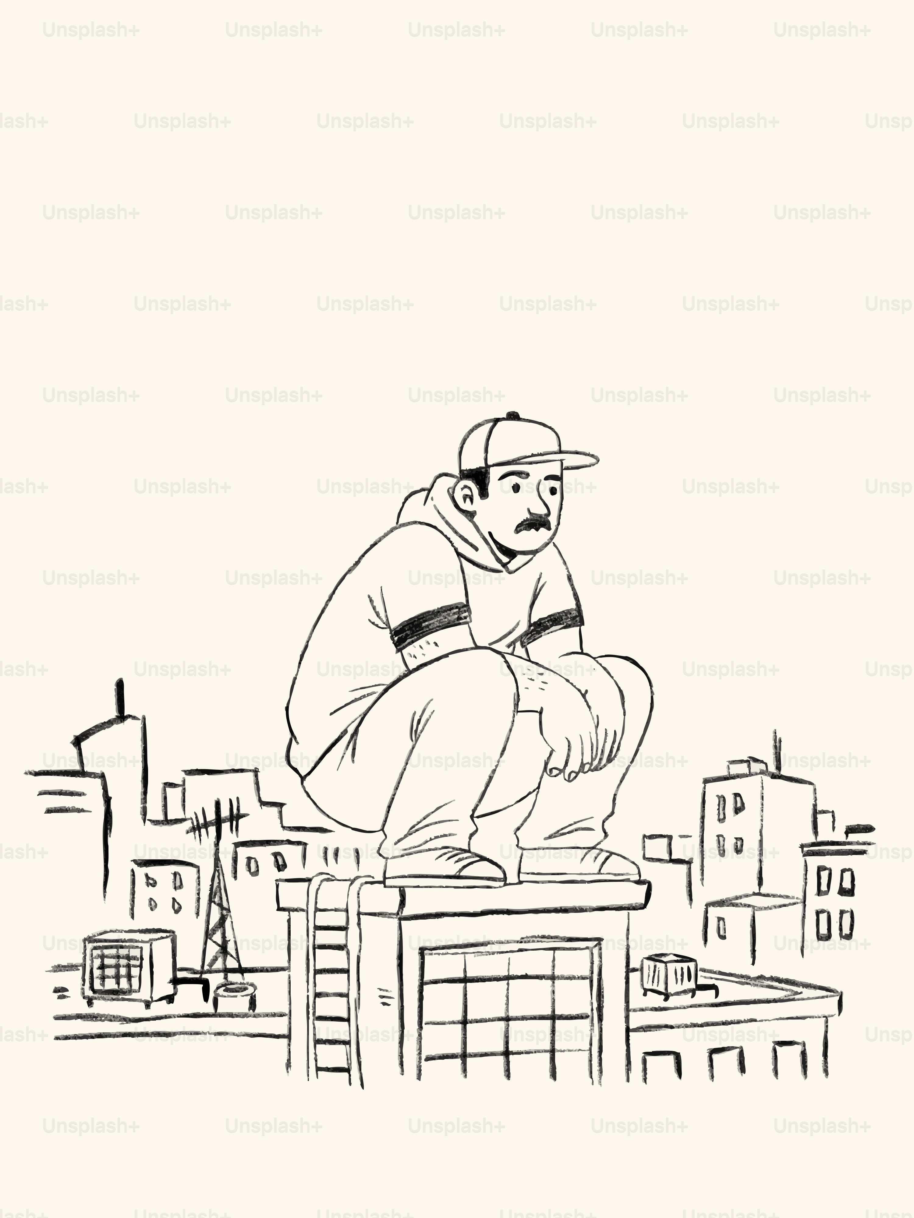 Man in hoodie and cap squats on rooftop overlooking city.