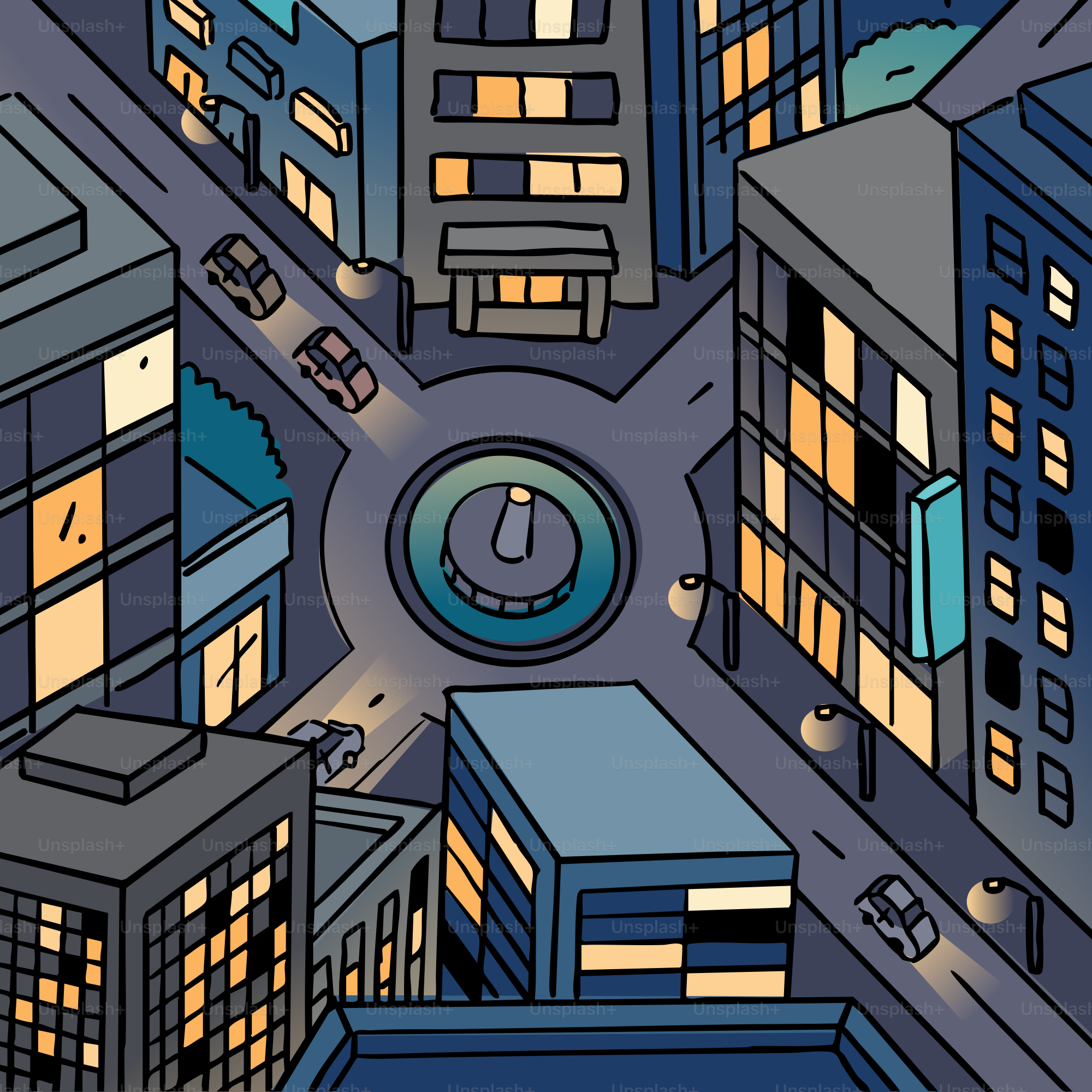 Aerial view of a city street at night with cars.