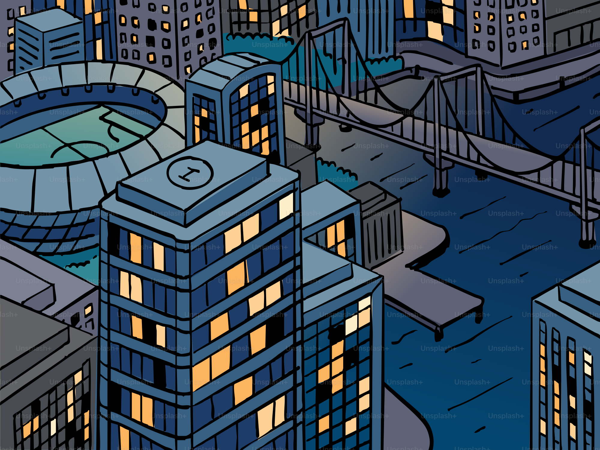 Nighttime cityscape with illuminated buildings and a bridge.