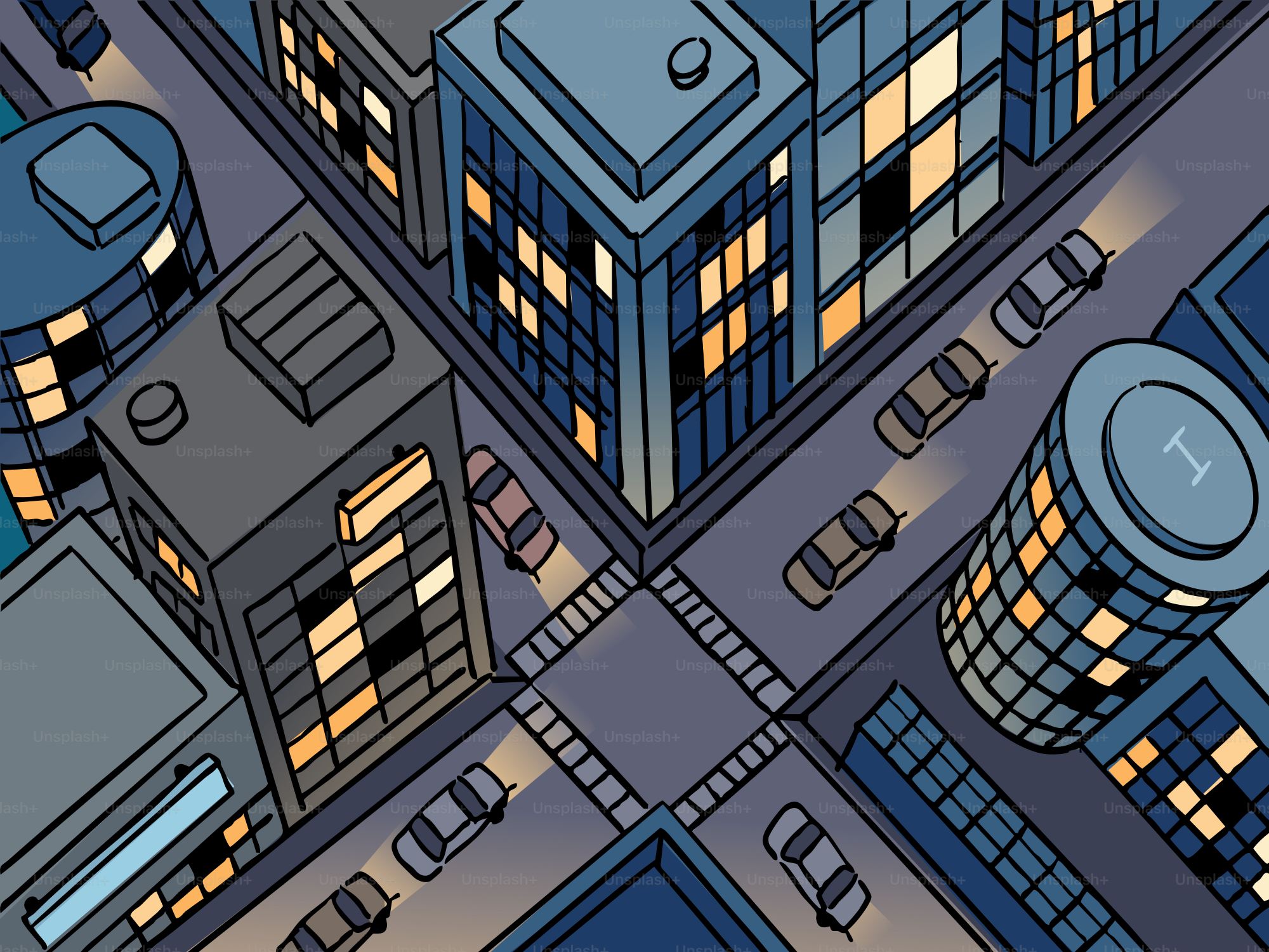 Aerial view of a city intersection at night.