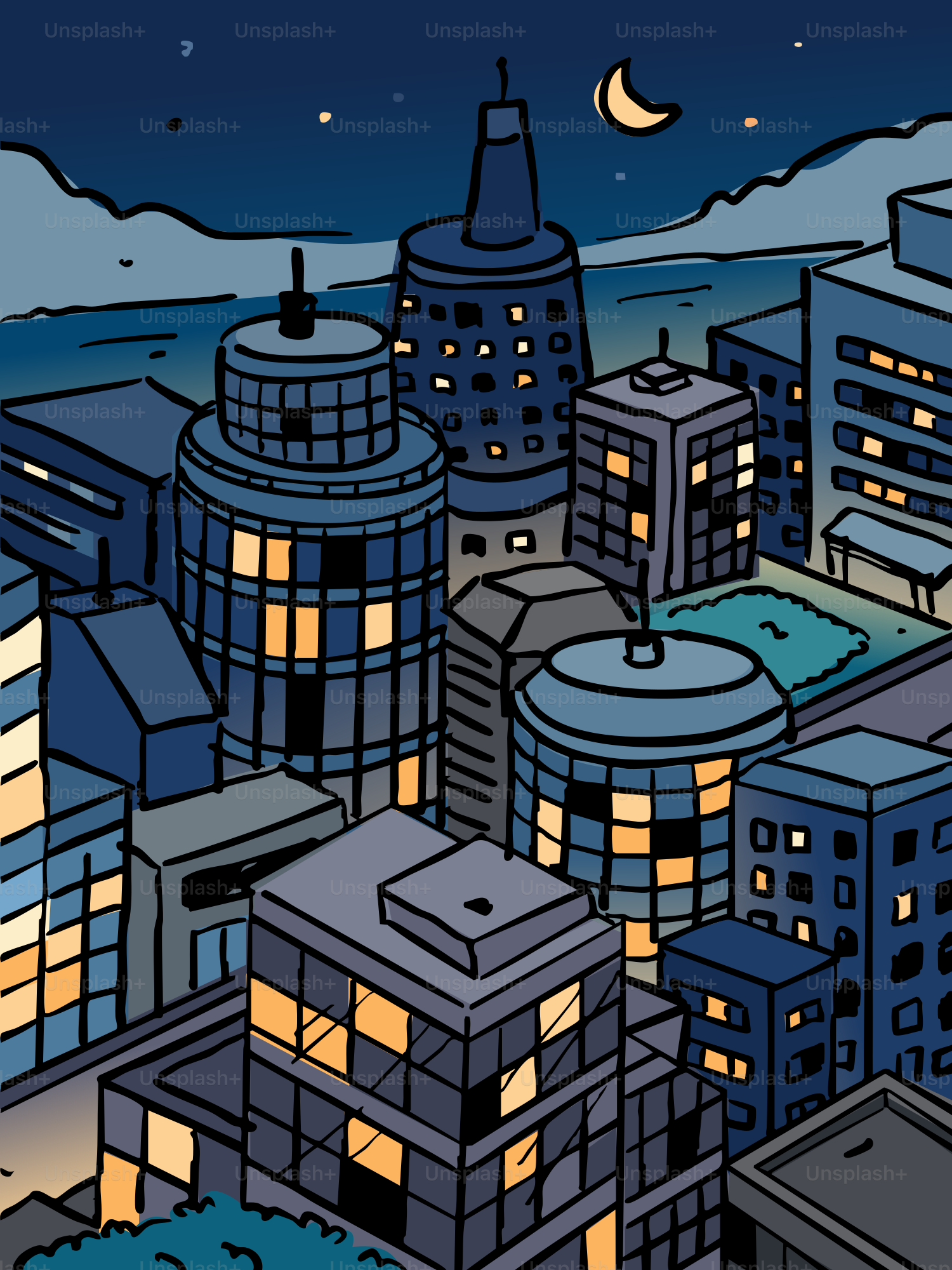 A stylized cityscape at night with a crescent moon.