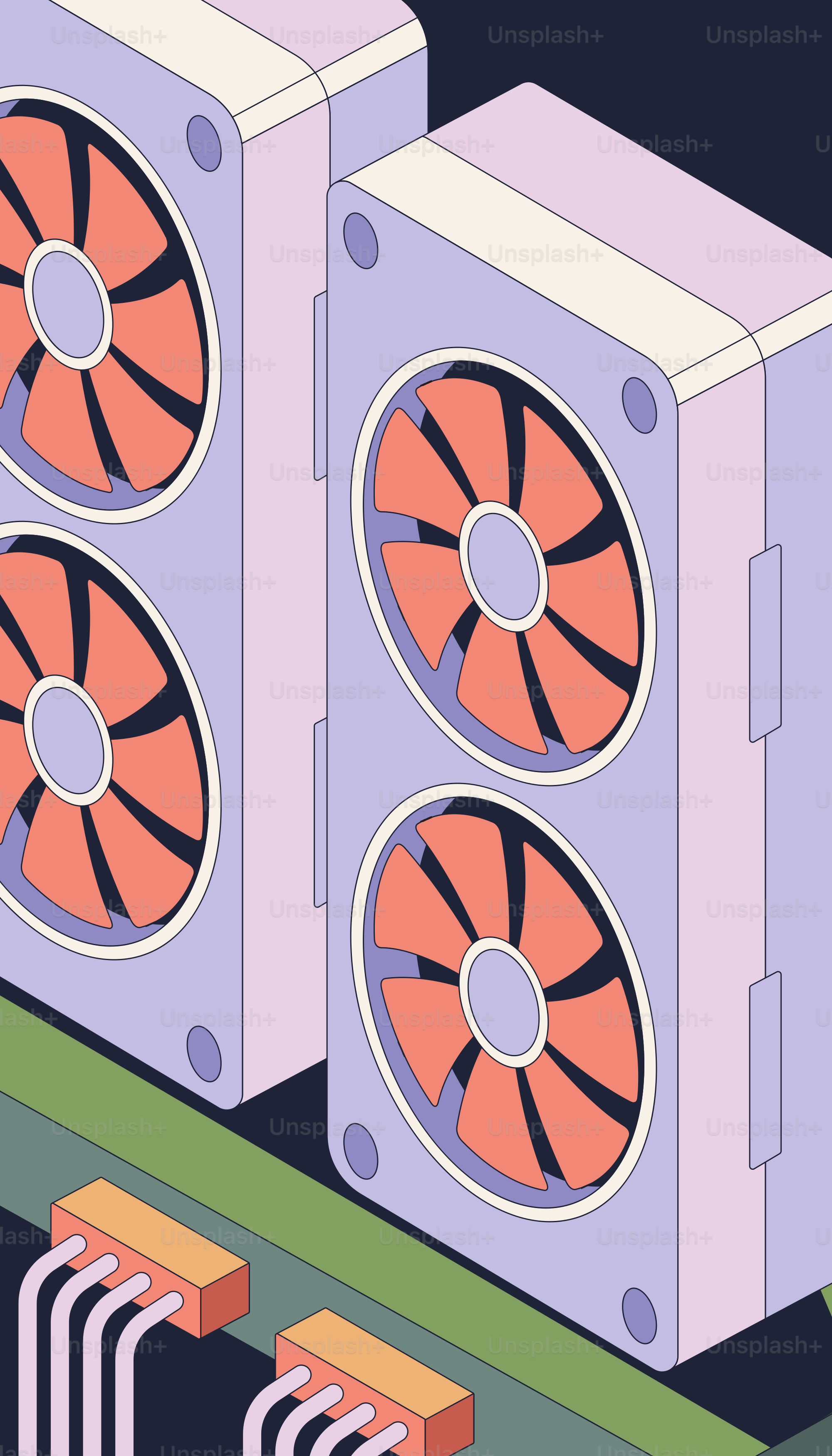 Two computer fans with orange blades and purple casing. vector ...