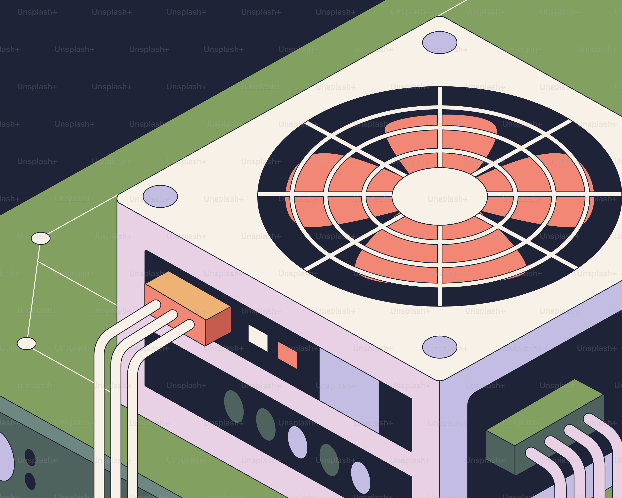 Computer power supply unit with connected cables