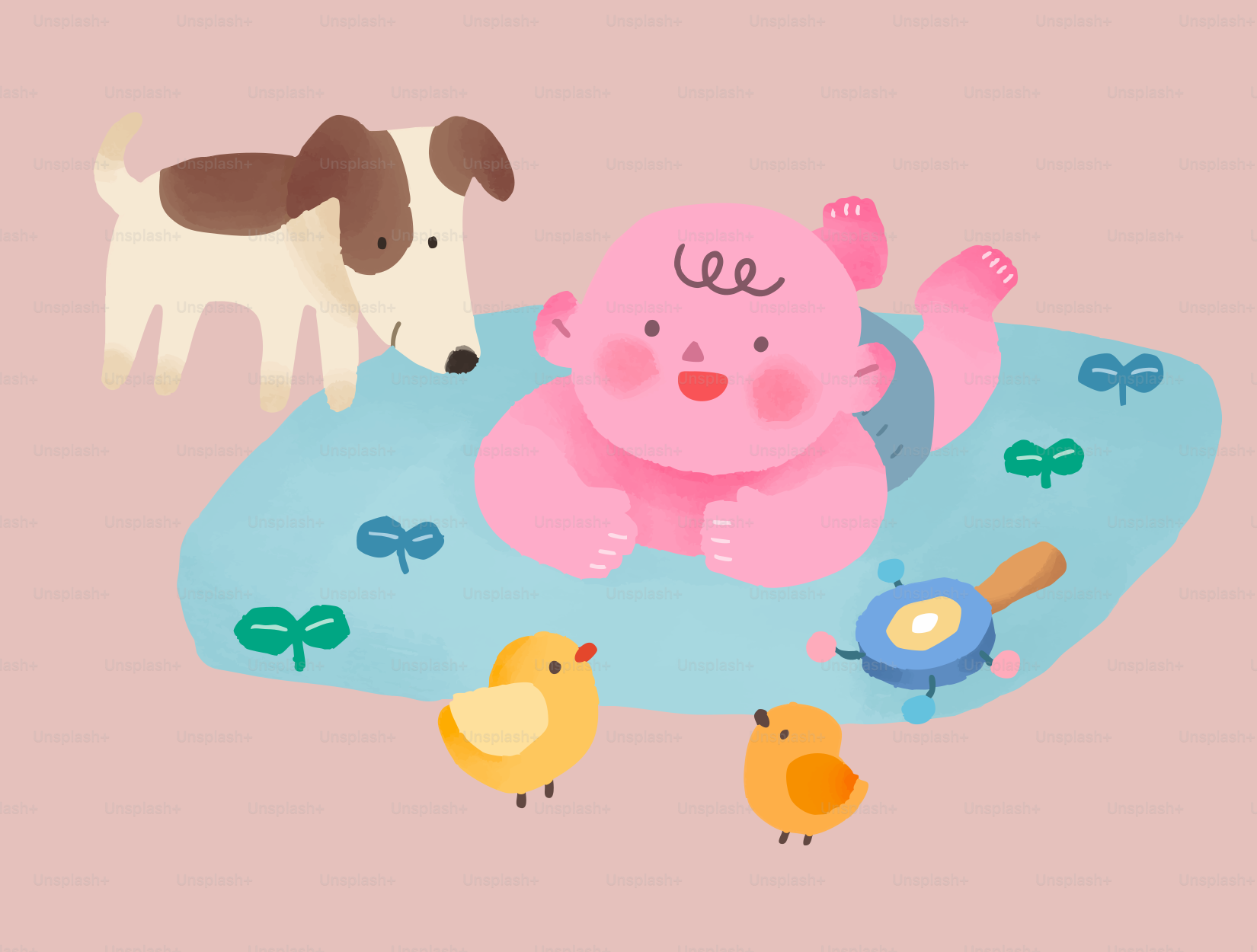 A baby with a dog and chicks on a blanket