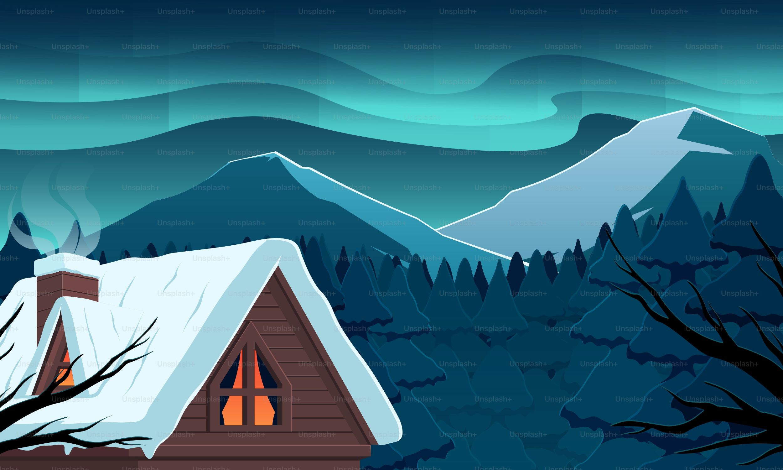Cabana aconchegante em montanhas nevadas sob a aurora boreal