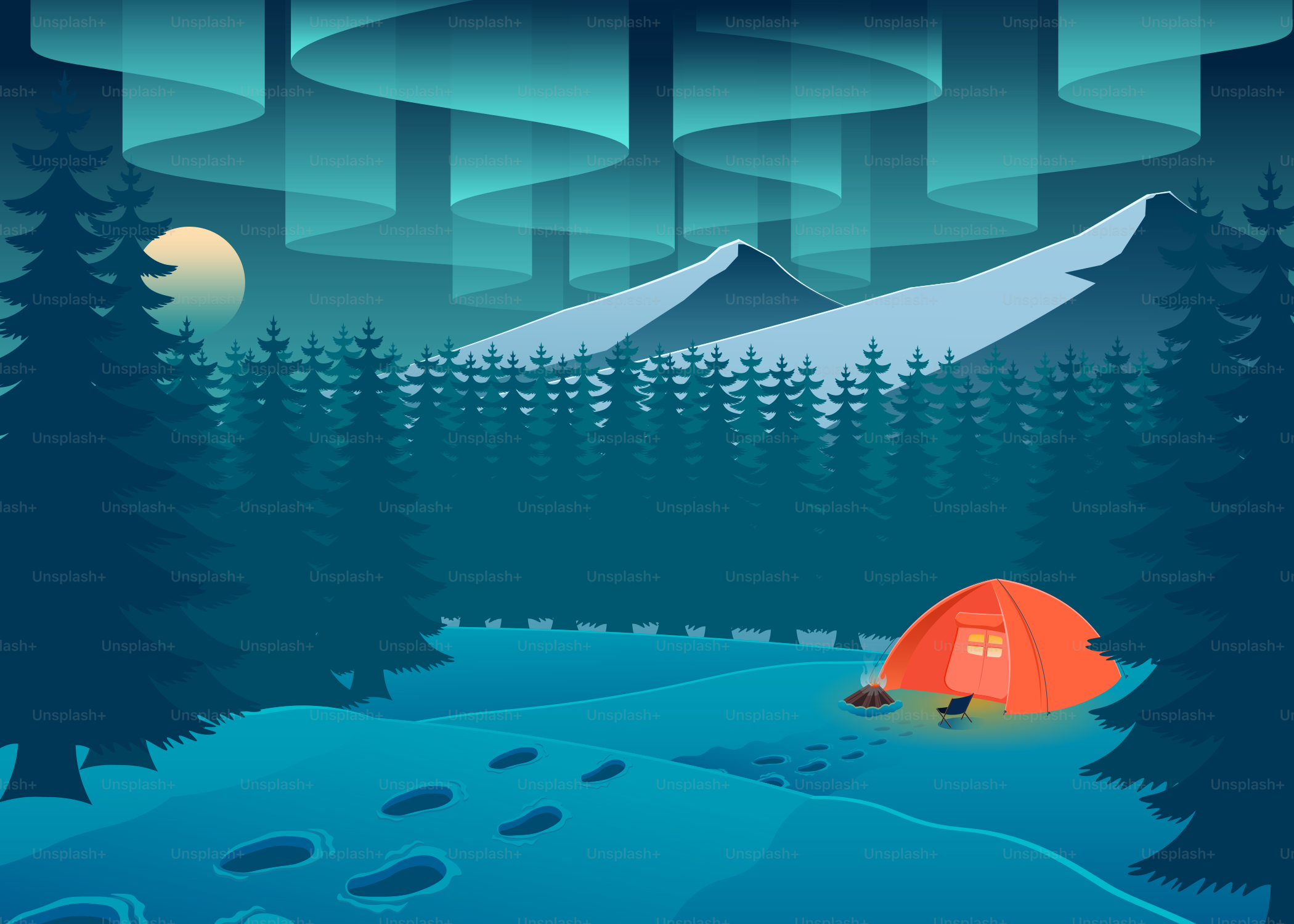 Acampamento no inverno sob a aurora boreal