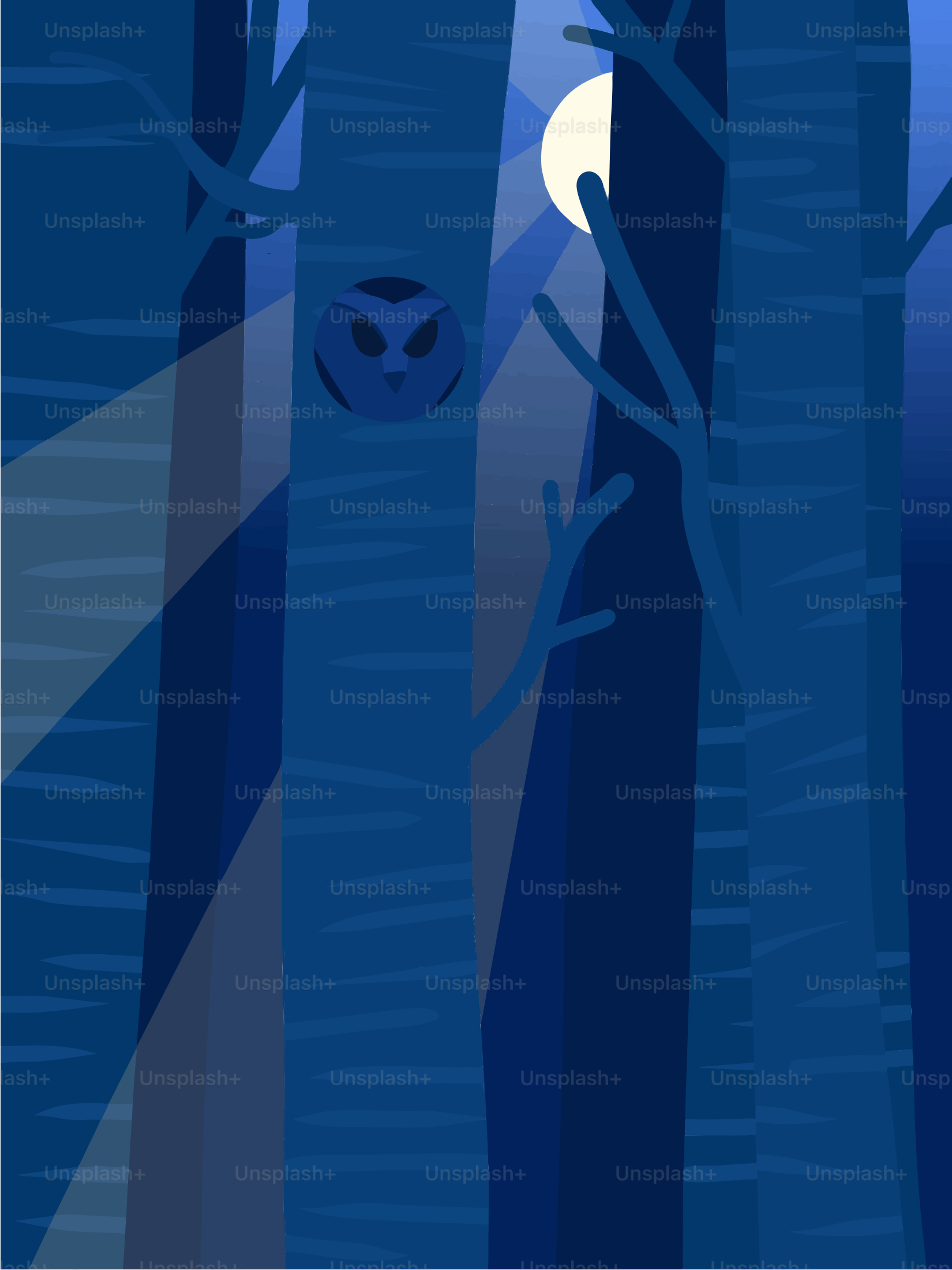 An owl perched in a moonlit, dark forest.