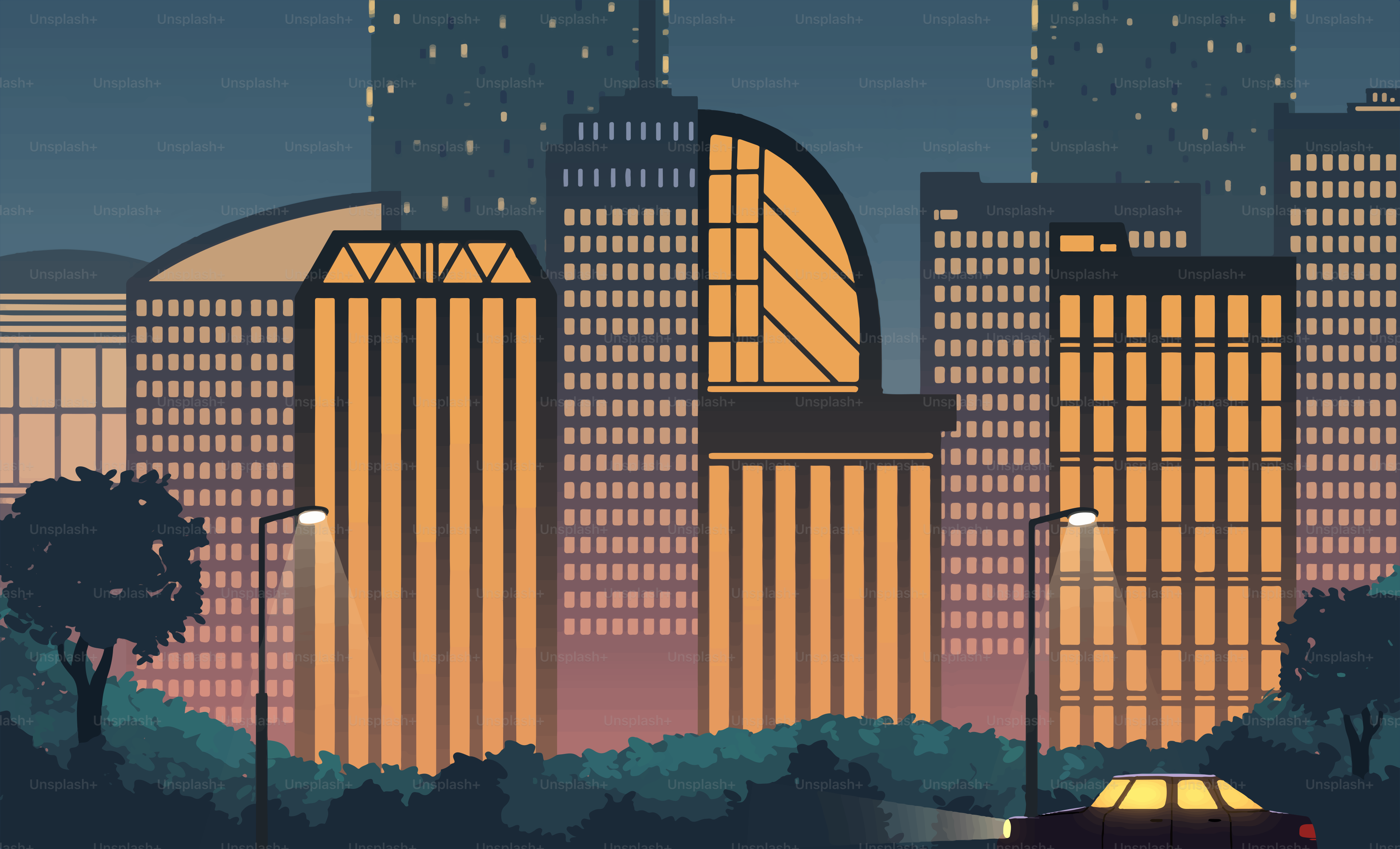 Cityscape with tall buildings and a car at night.