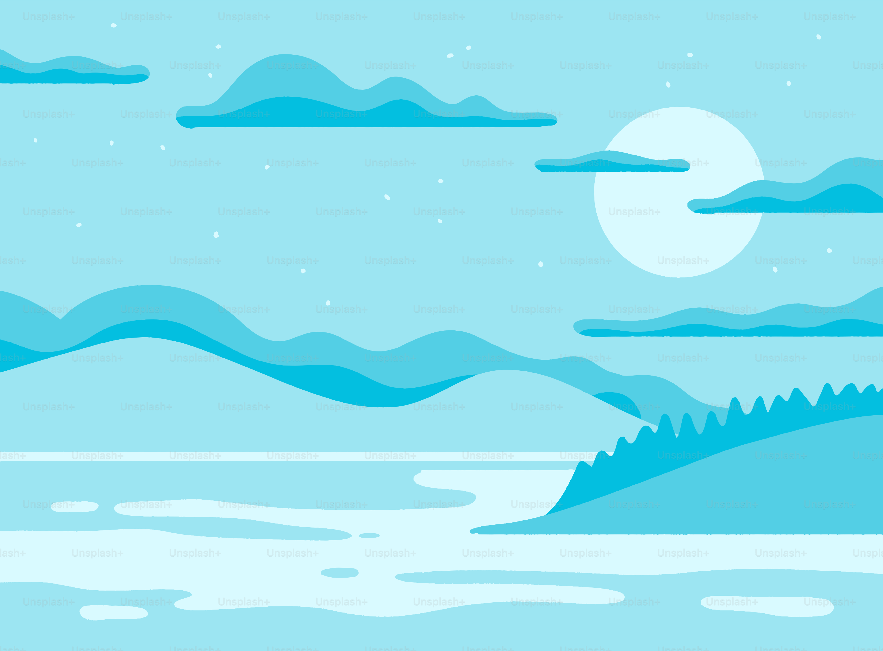 Stylized landscape with mountains, water, and clouds.