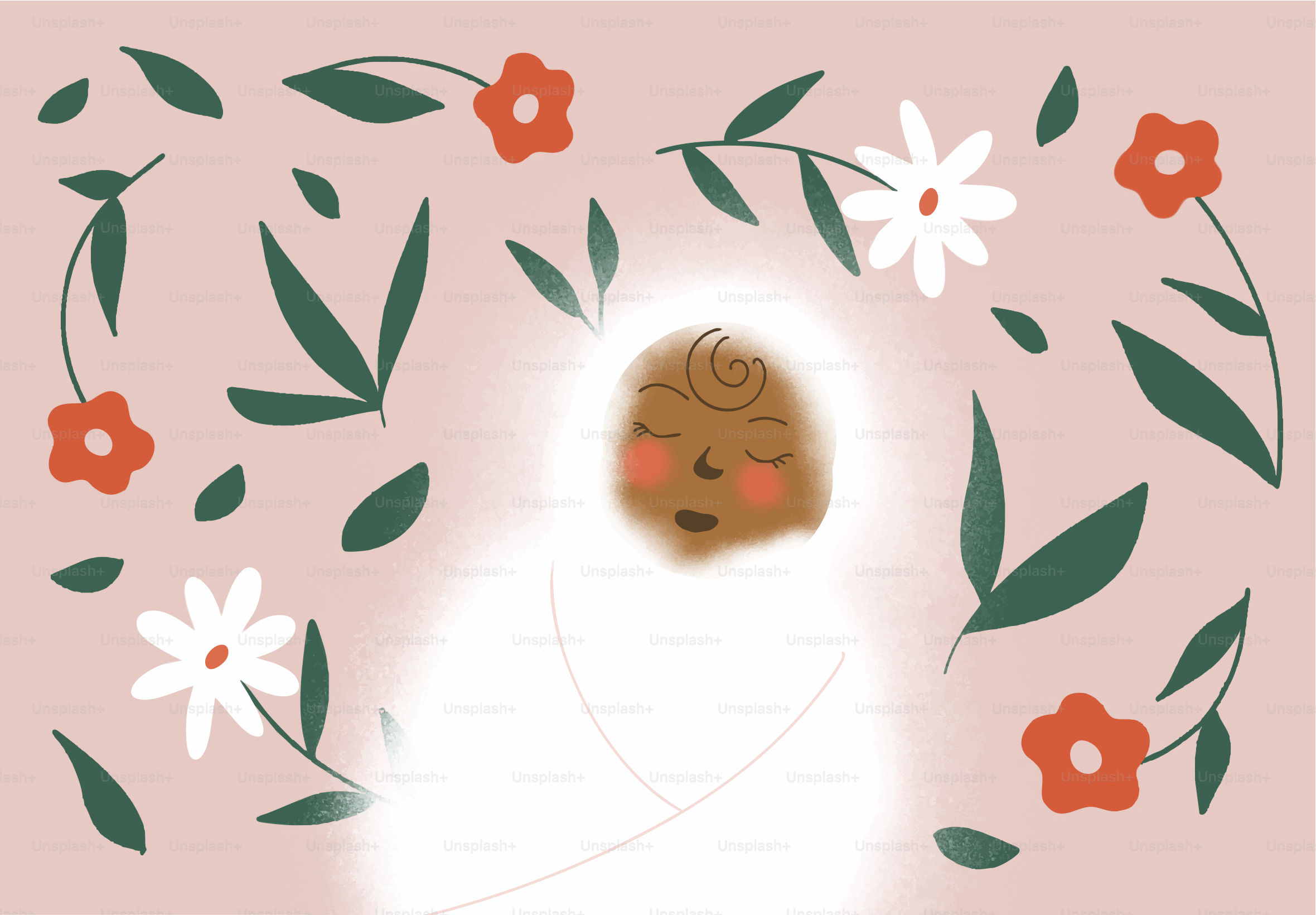 A baby surrounded by flowers and leaves
