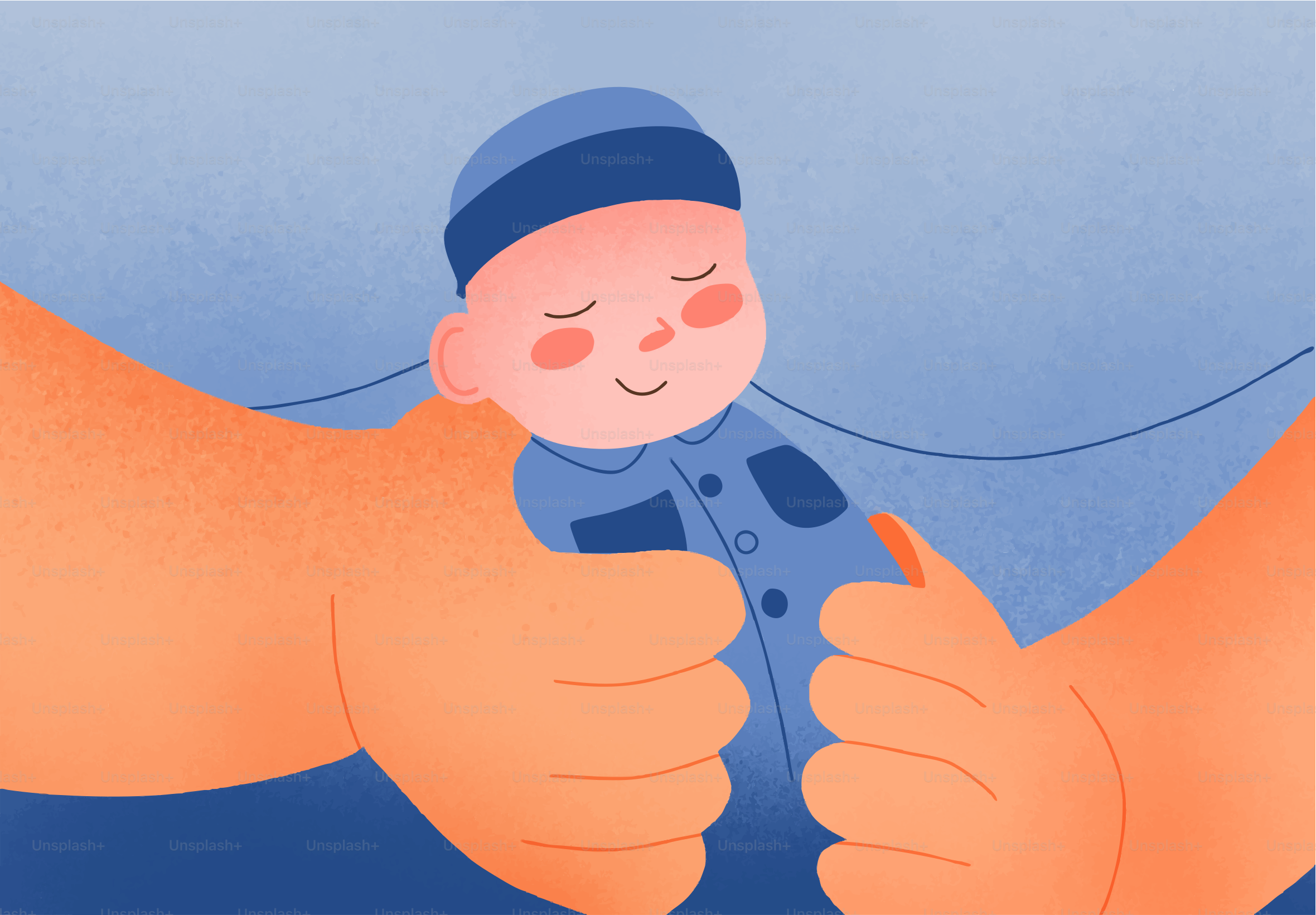 Parents holding a sleeping baby in blue clothes.