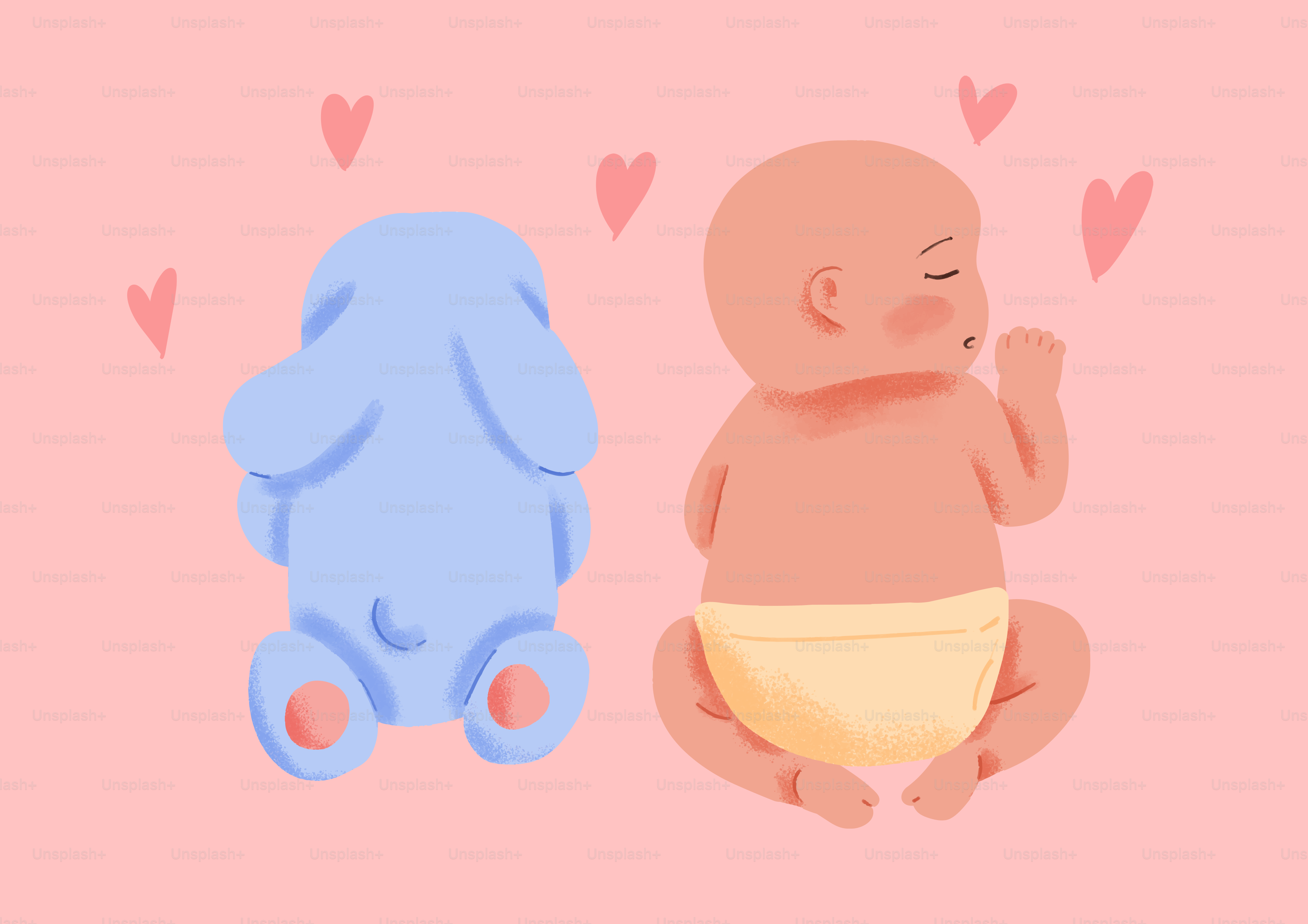 A sleeping baby next to a blue stuffed animal.