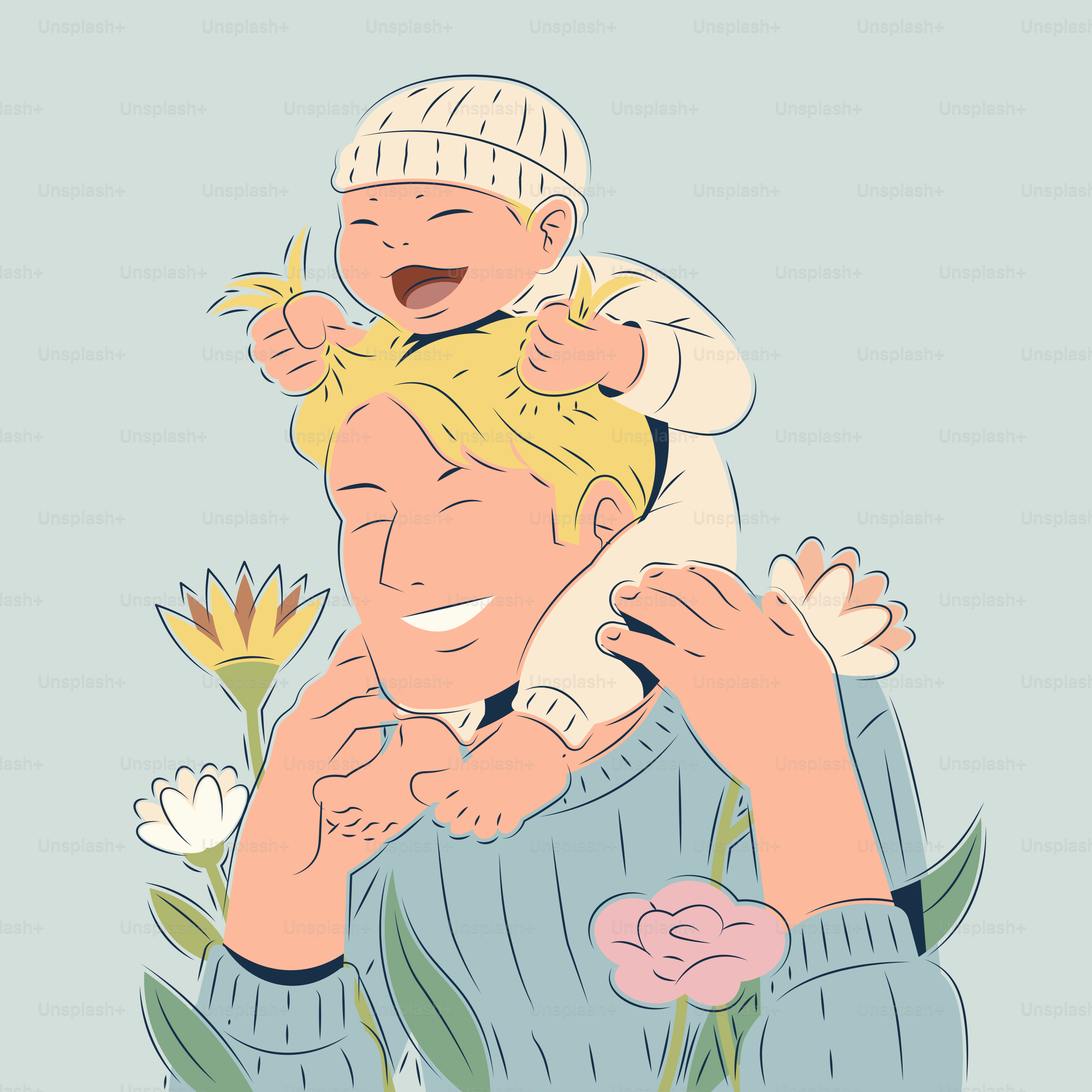 Father carrying smiling baby on shoulders amidst flowers