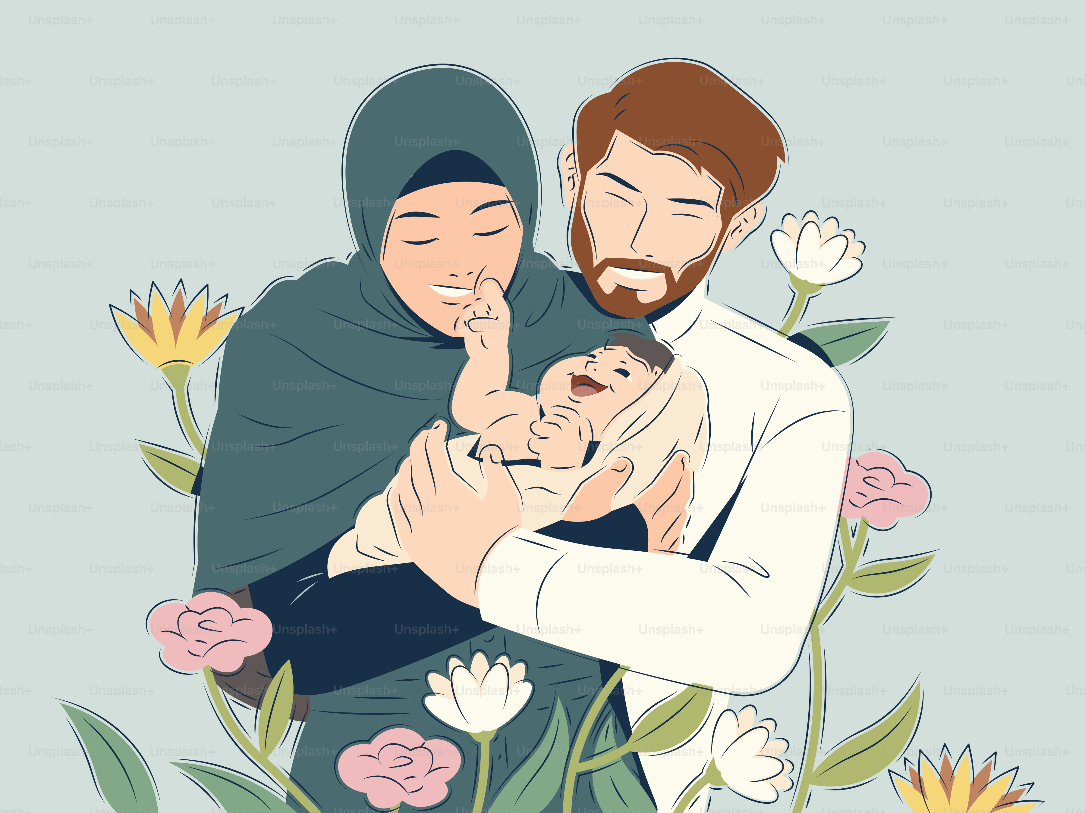 Muslimische Eltern, die ihr neugeborenes Baby mit Blumen halten