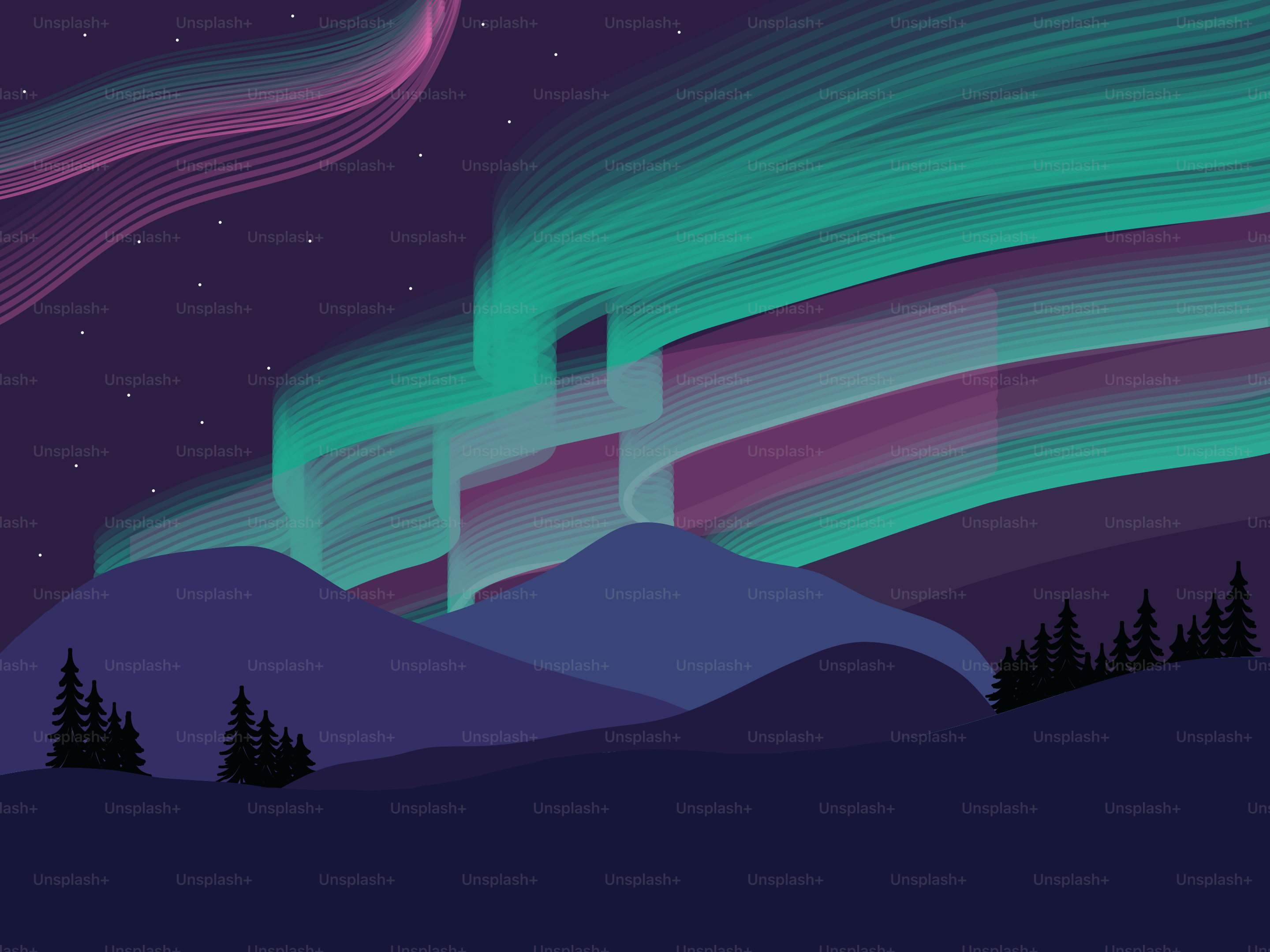 Aurora borealis over mountains and pine trees