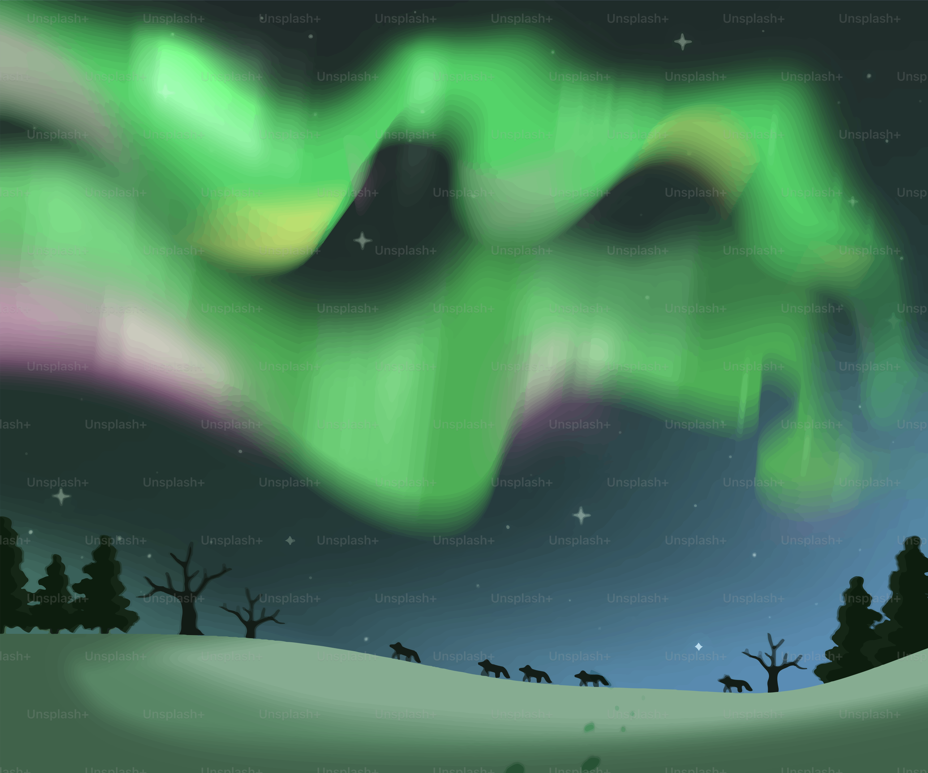 Green aurora borealis over a snowy landscape with wolves