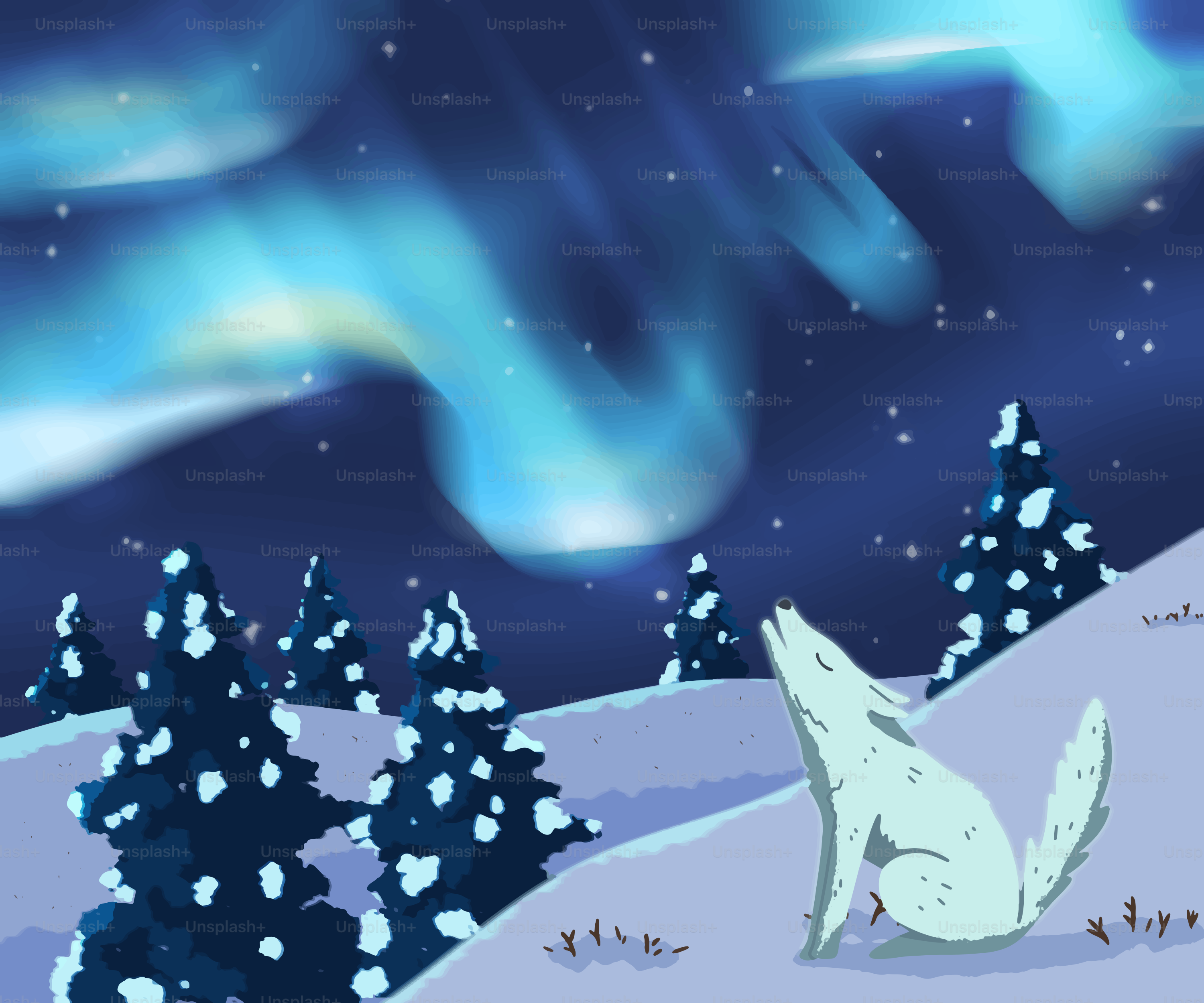 A white wolf howls at the aurora borealis