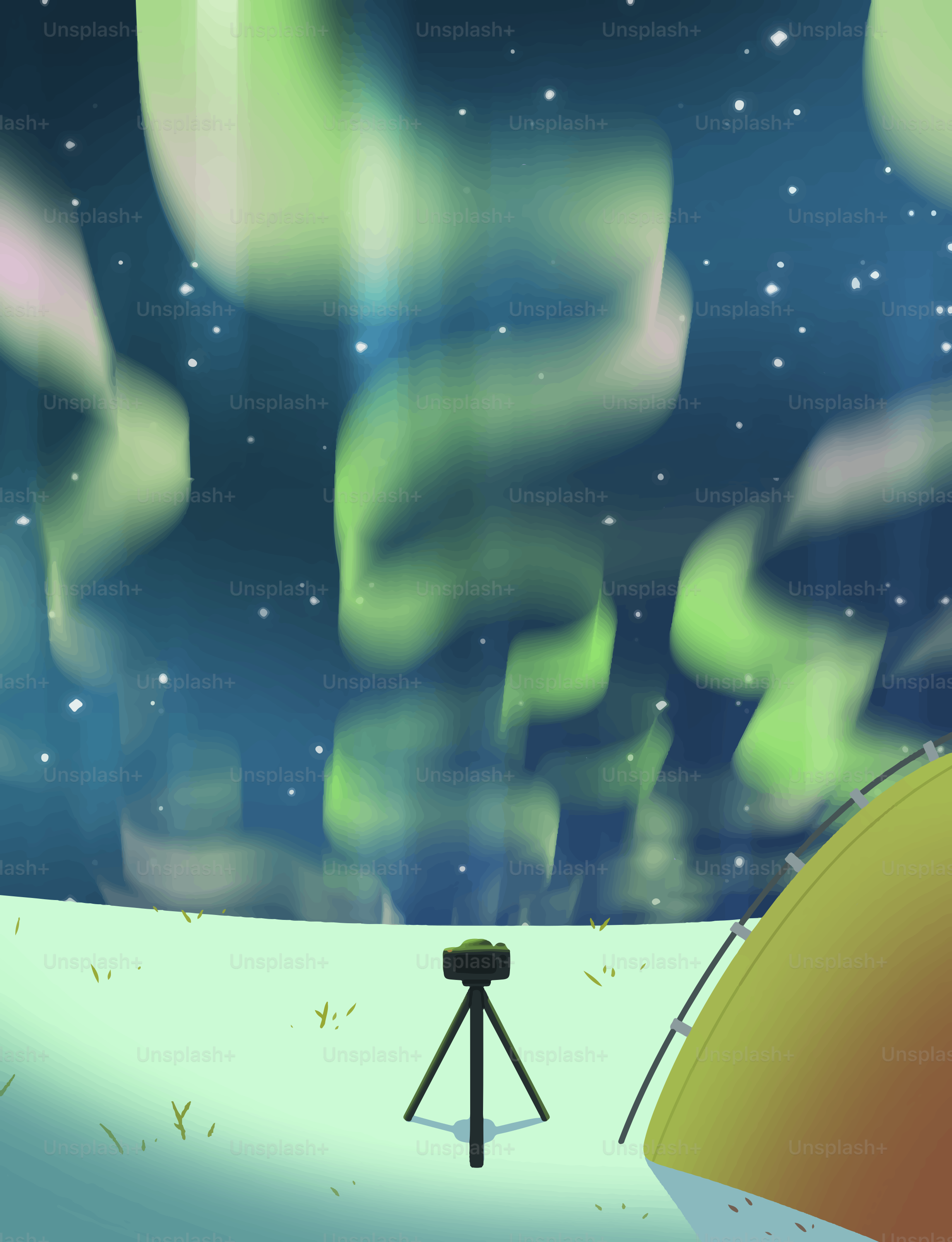 Tent and tripod under a starry sky with aurora borealis