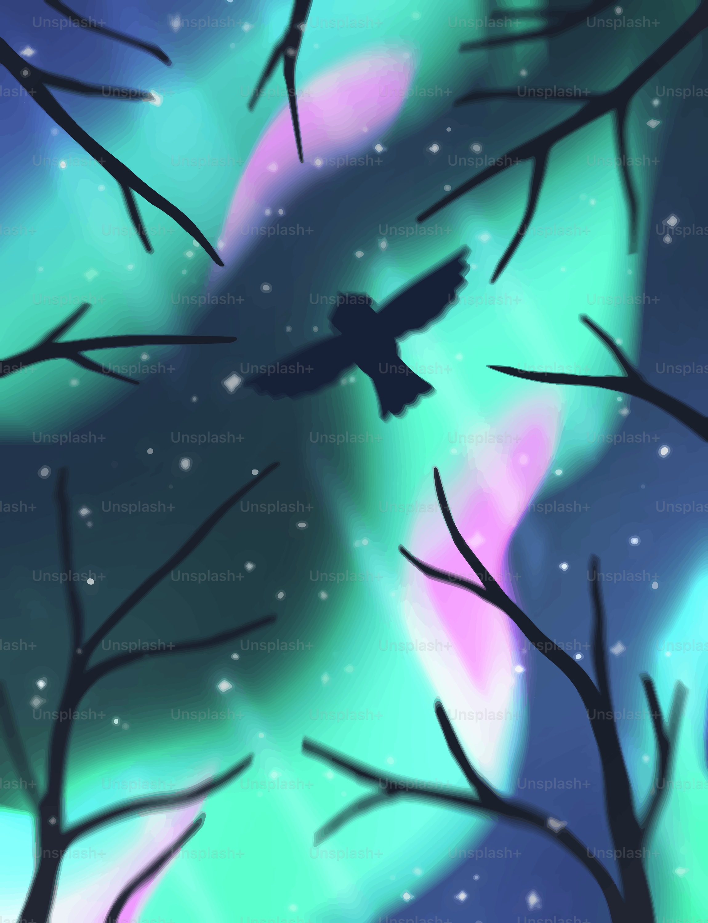Silhouette of a bird flying under the aurora borealis.