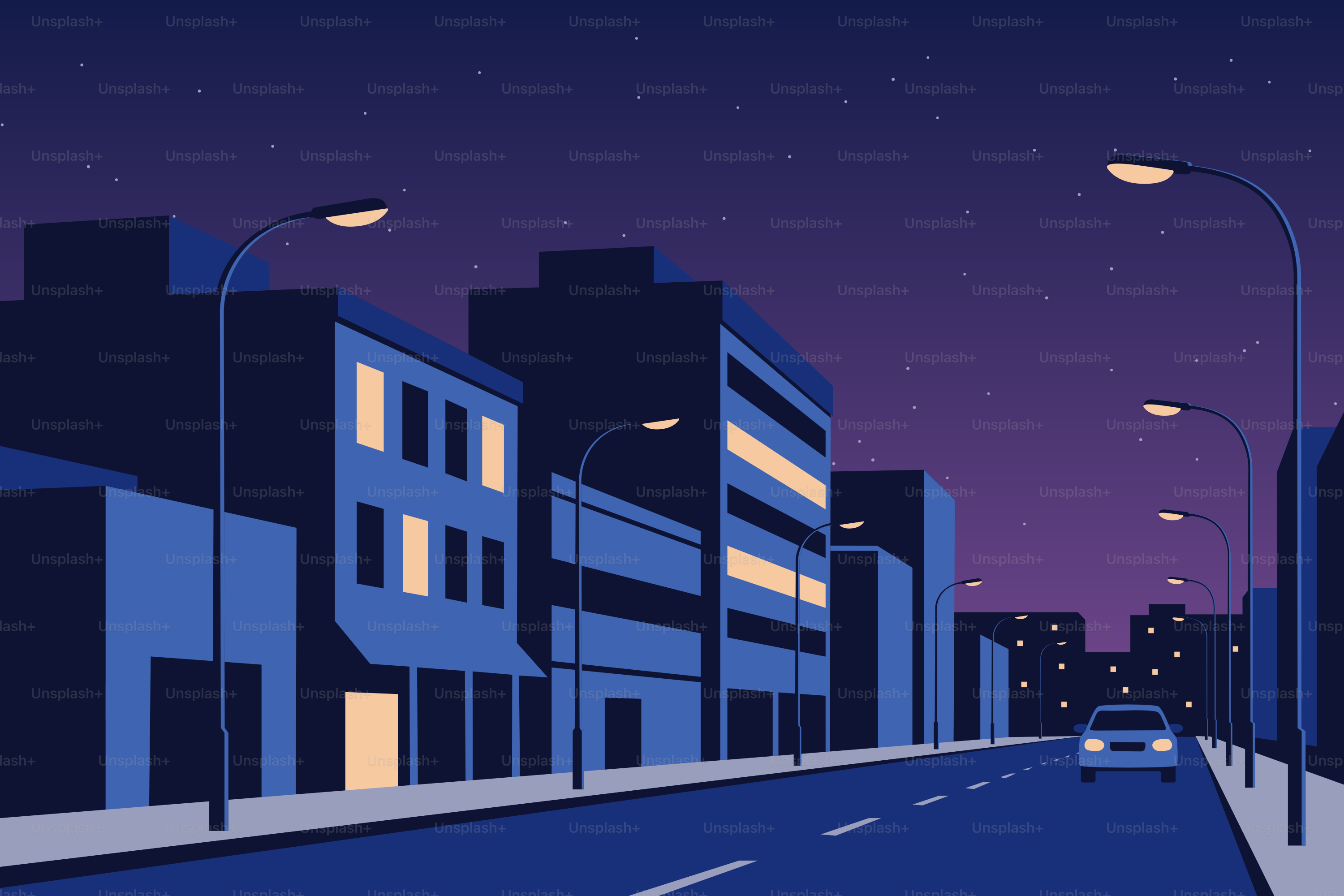 A car drives down a street at night.