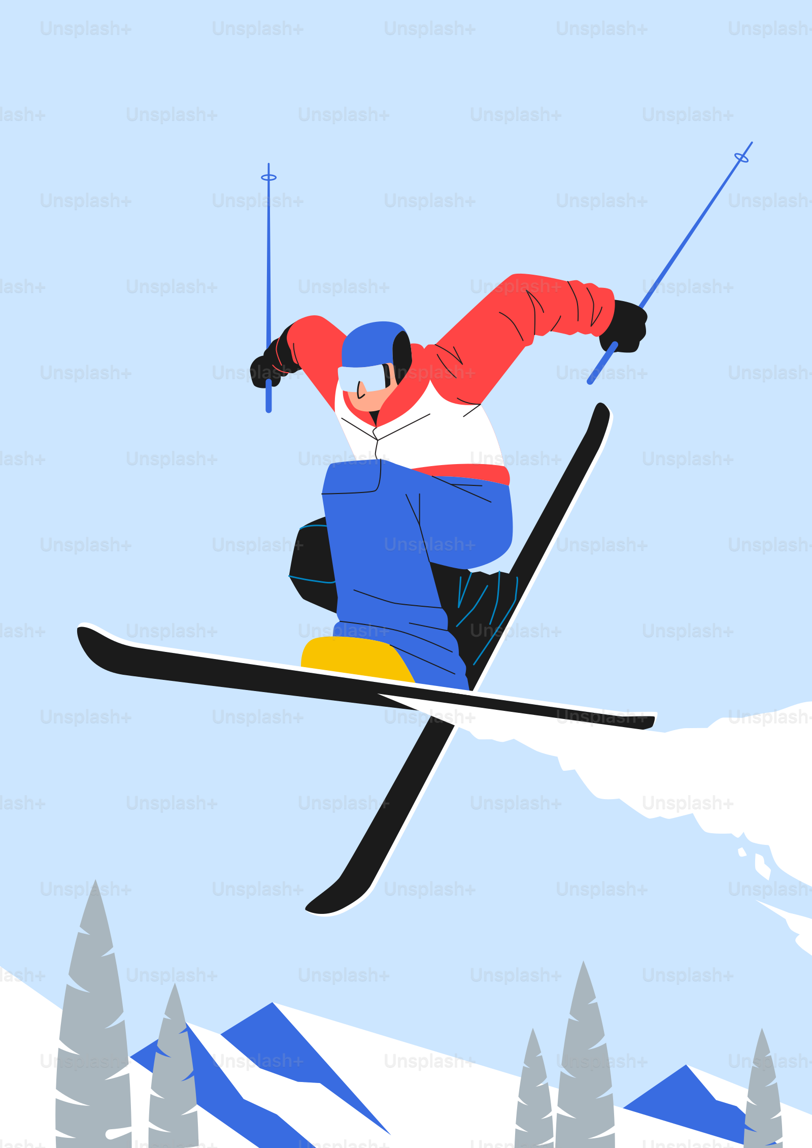 A skier airborne mid-jump against a blue sky.