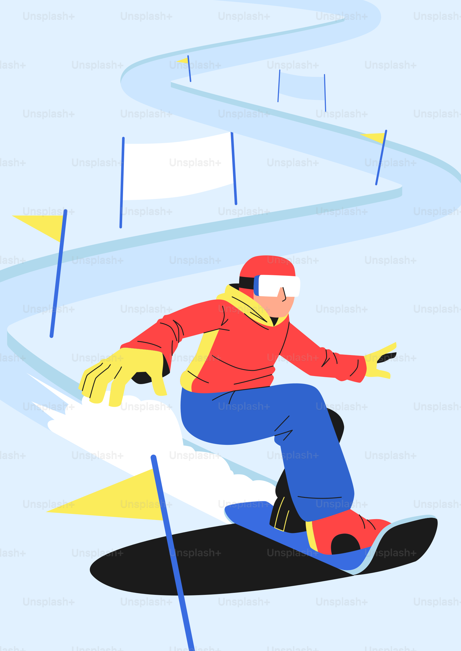 Snowboarder, der eine verschneite Piste mit Fahnen hinunterrast.