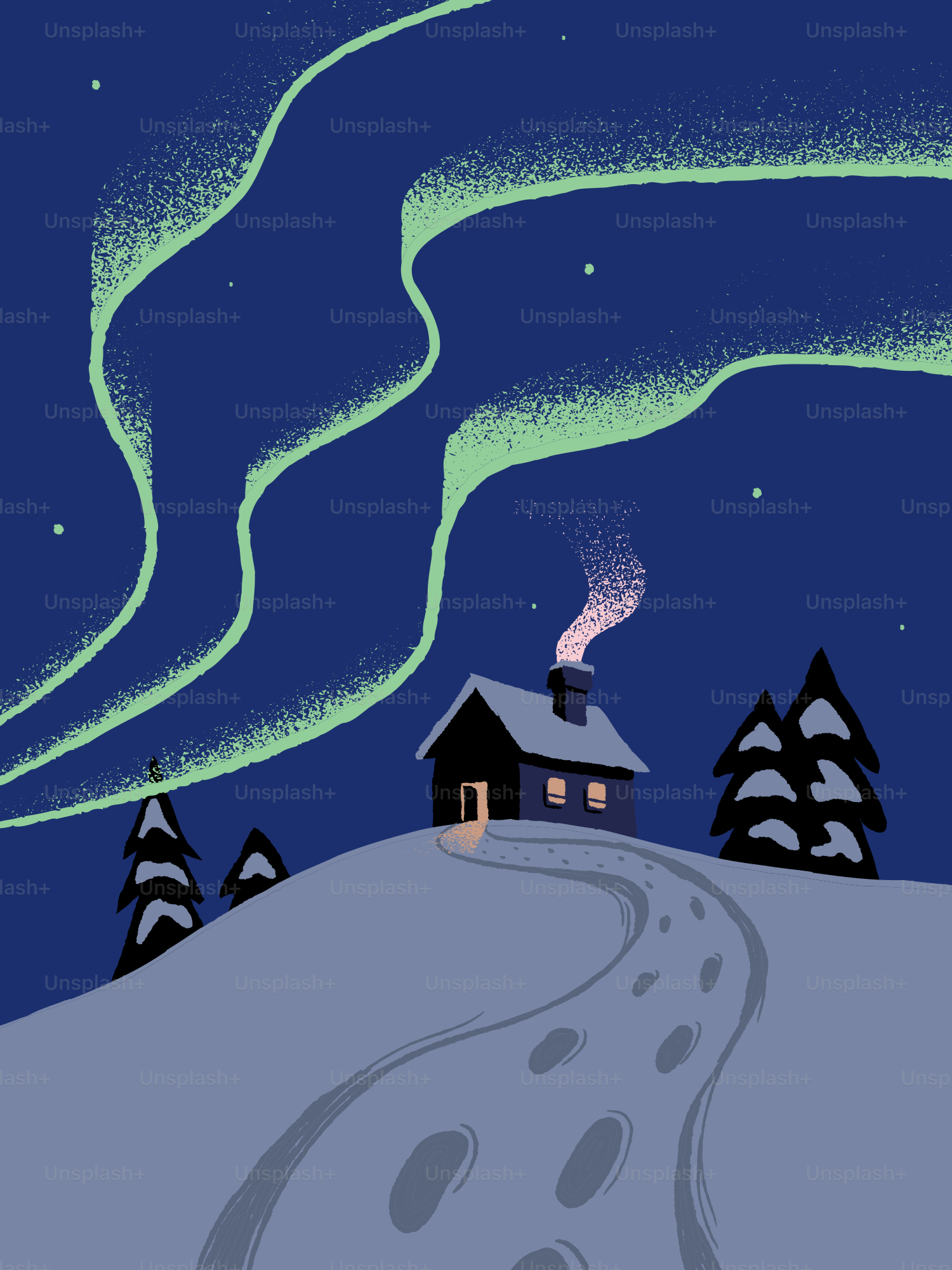 Northern lights over a snowy cabin on a hill.