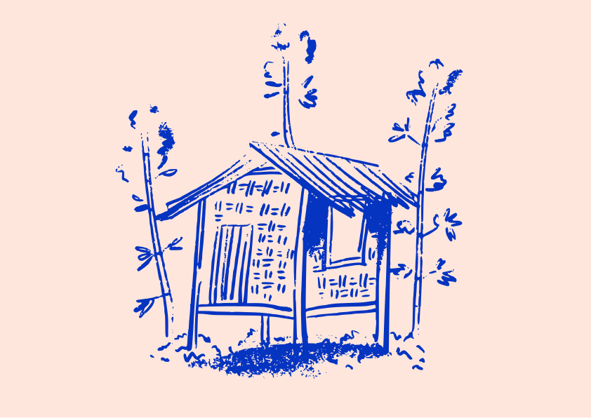 A simple drawing of a hut surrounded by trees.